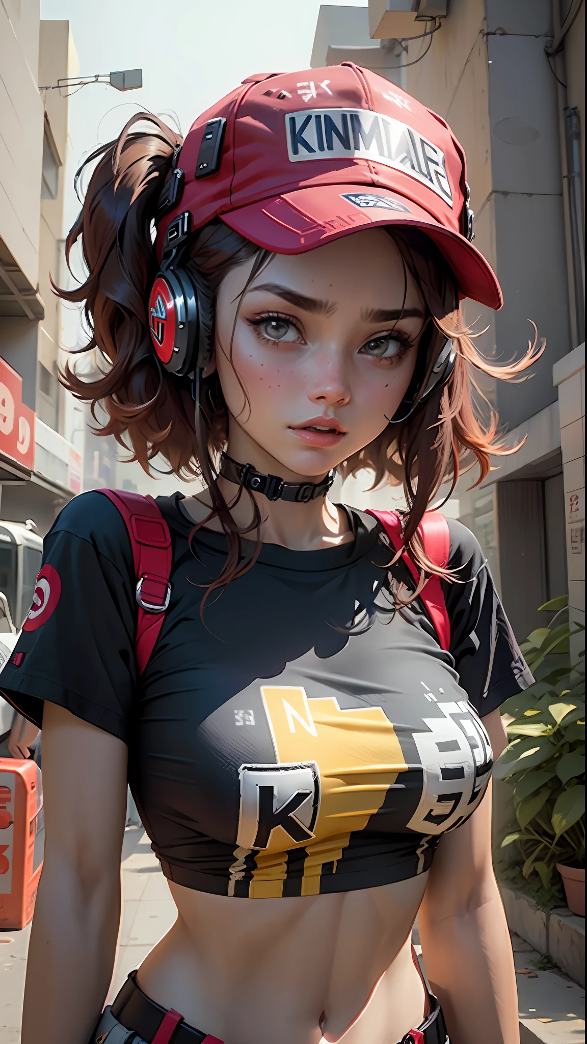 Beautiful woman medium hair, wearing cap, wearing headphone, camisa escrito kenkaflix, cyberpunk style short clothes, shirt, wearing red colors blue white yellow
With a shirt that has the phrase "Kenkaflix" written on it,
She is facing the screen with her whole body, with a confident and determined expression on her face.