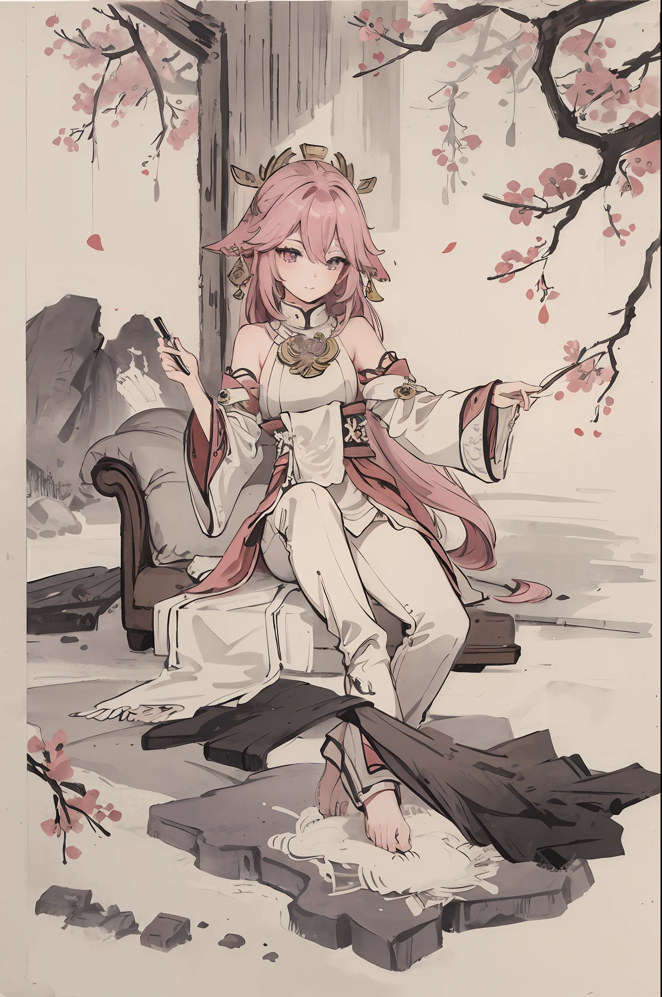 (Masterpiece, best quality: 1.2), traditional Chinese ink painting, pink hair, purple eyes, yae miko, couch