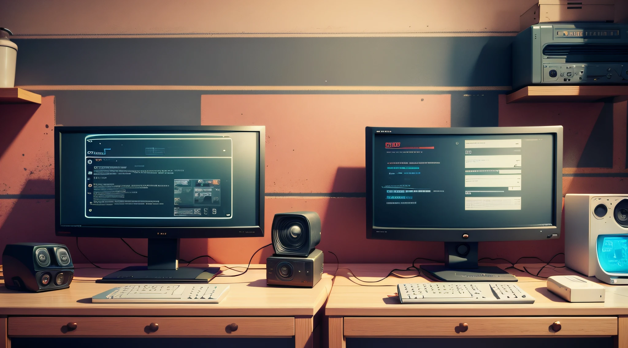 film still, tv switer, 2080s sitcom style, 2 computer monitors, unpainted, sophisticated, symbolic --auto --s2