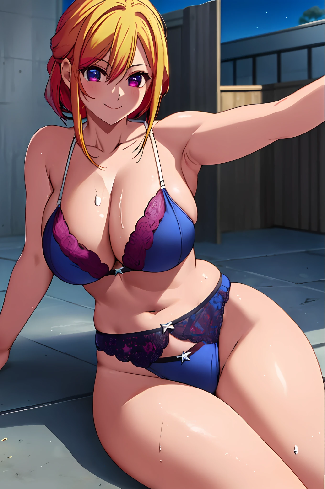 ((Ruby, anime Oshi no Ko: 1.7)) ,((wearing blue lingerie: 1.4)), in swimming pool, thicc thighs, ((huge breasts: 1.5)), sexy pose, sweat armpits, spread out arm, cowboy shot, masterpiece, best quality, high quality,HD, ((yellow hair: 1.6)), Blue eyes, realistic, photorealistic, smile,8k,shy, Polaris star eye