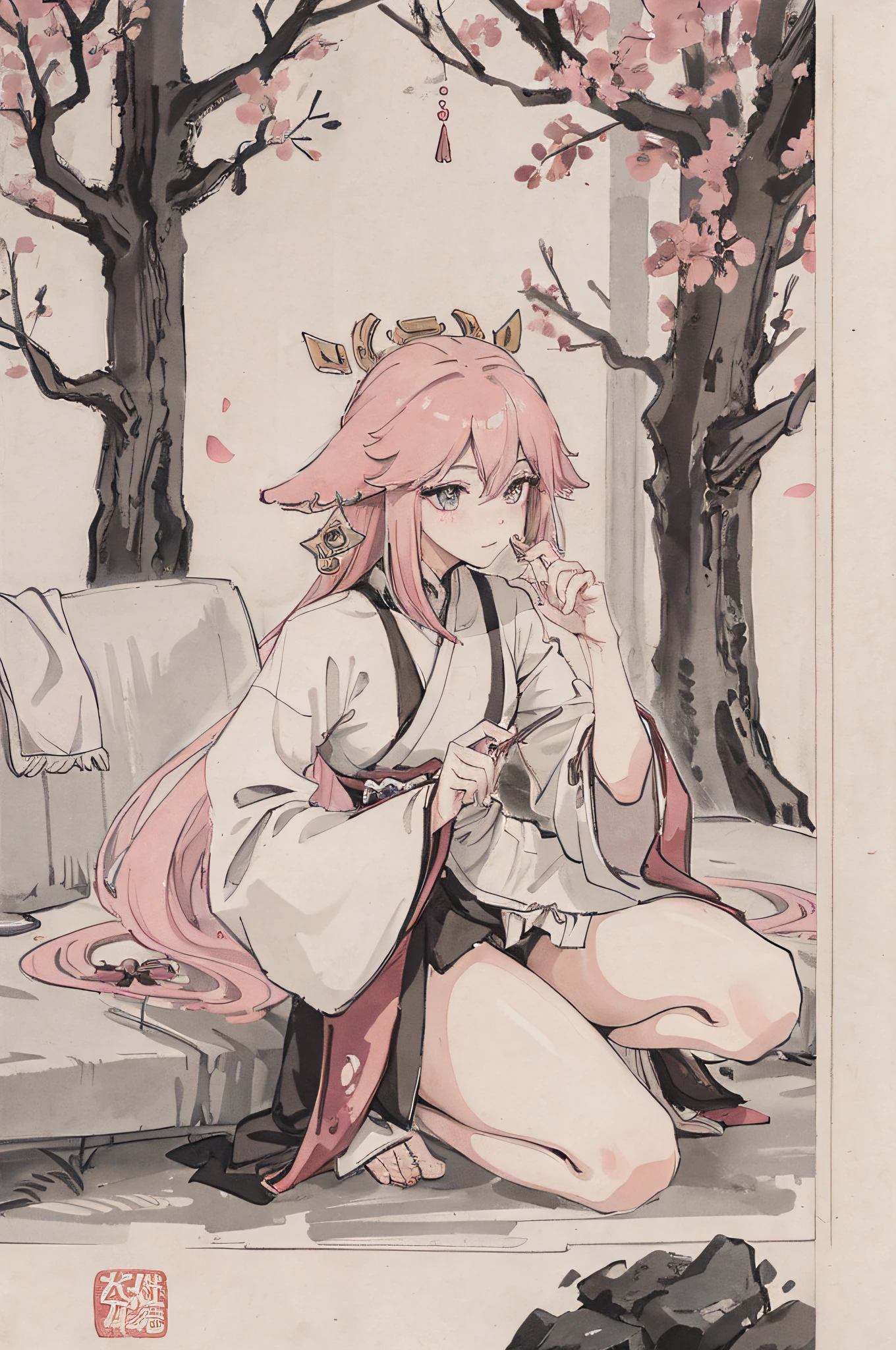 (Masterpiece, best quality: 1.2), traditional Chinese ink painting, pink hair, purple eyes, yae miko, couch