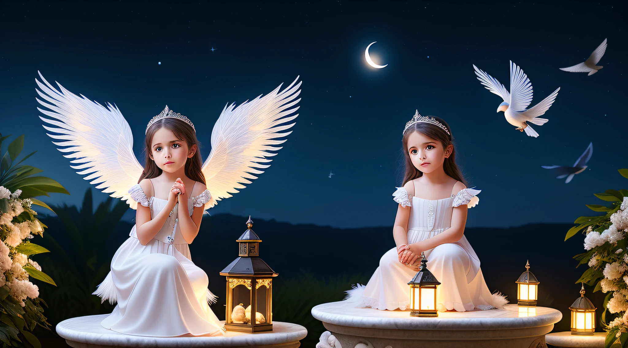 little cute angel with feathered wings looking to the night sky, ((gorgeous face)), ((realistic)), sitting on the outer egde marble gazebo at night garden and surrounded by white litle birds flying around her, all illuminated by the moon, intricate detailed, professional lighting, high definition, 8k, studio light
