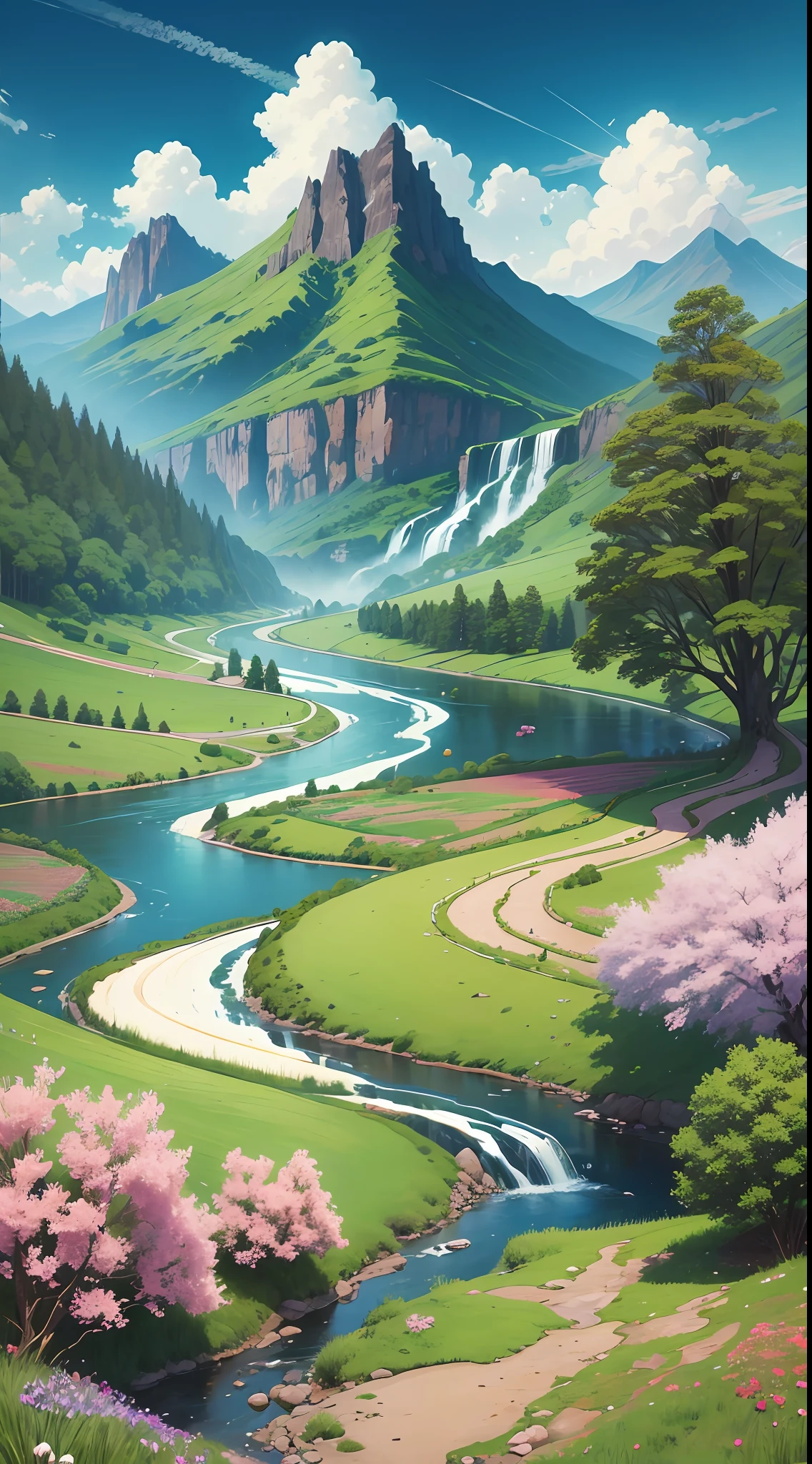 Create a landscape of valleys and plains, full of trees and flowers, some rivers flowing in the middle, with waterfall --auto --s2