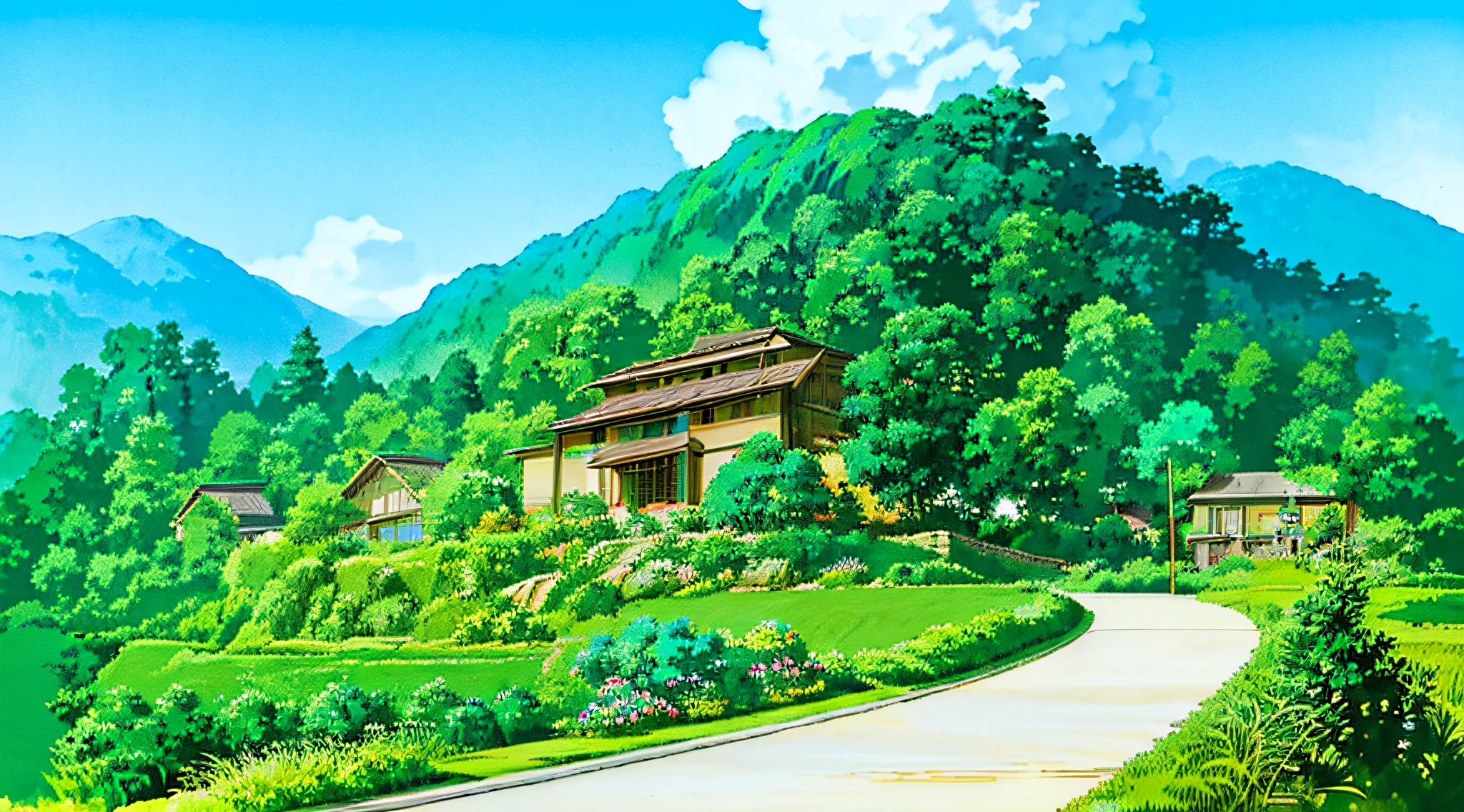 (((best quality)))), a house on a hill with a path leading to it, anime countryside, anime background art, anime scenery, soft studio ghibli concept art, beautiful anime scenery, anime set concept art, studio ghibli concept art, ghibli studio environment, anime landscape, beautiful anime scene, Glibly Makoto Shinkai Studio, Ghibli Studio Landscape, Cottagecore!!