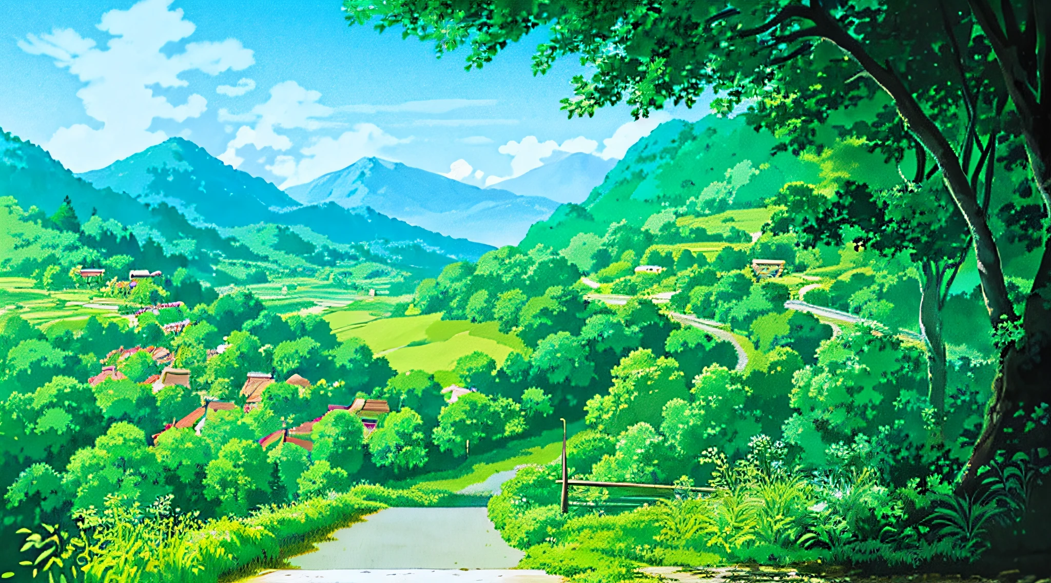 (((best quality)))), a house on a hill with a path leading to it, anime countryside, anime background art, anime scenery, soft studio ghibli concept art, beautiful anime scenery, anime set concept art, studio ghibli concept art, ghibli studio environment, anime landscape, beautiful anime scene,  Glibly Makoto Shinkai Studio, Ghibli Studio Landscape, Cottagecore!!
