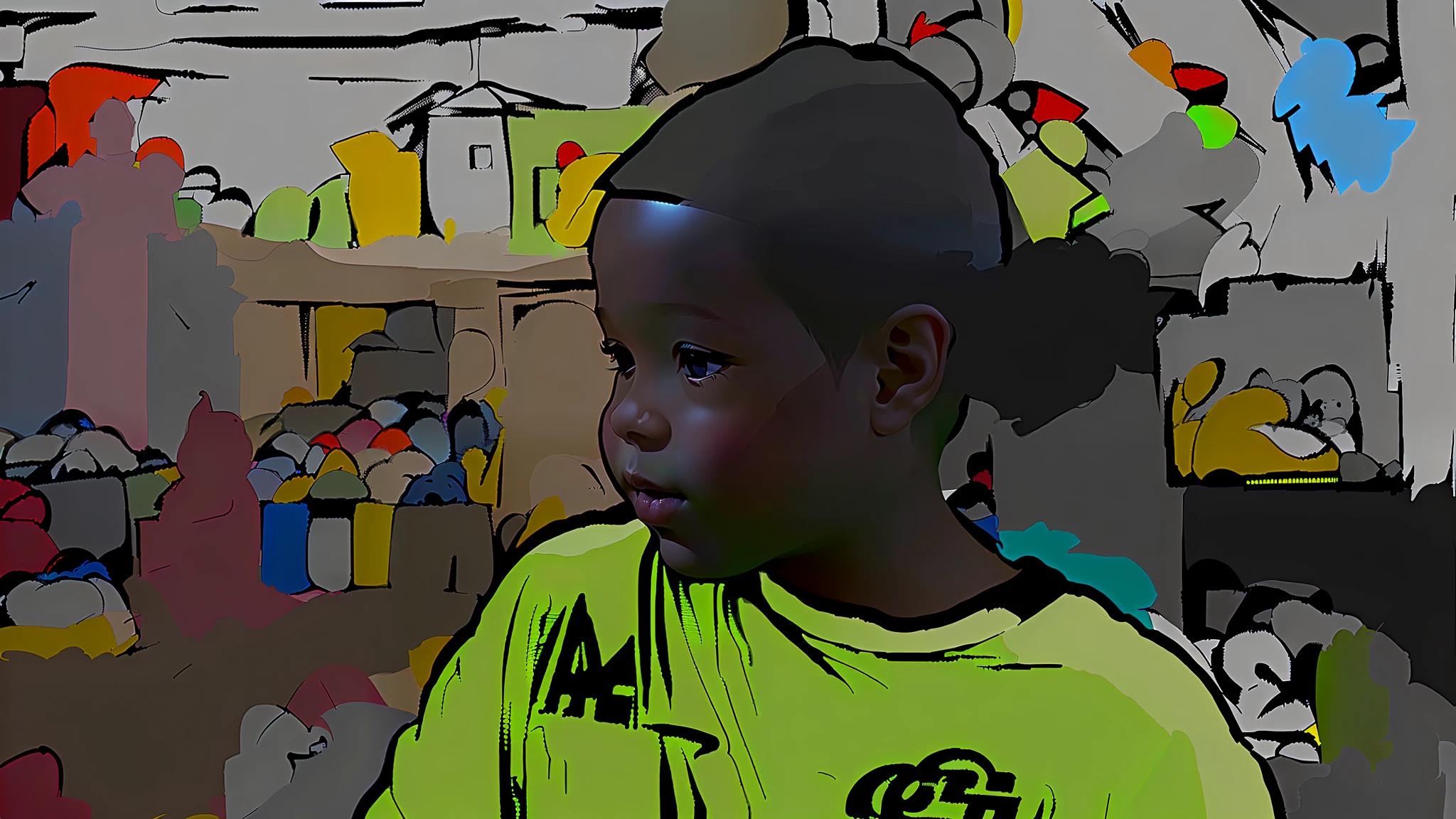 There is a boy in a yellow shirt looking at a display of toys, digital art but photo, drawn, drawn with Photoshop, painted digital, #1 digital painting of all time, #1 digital painting of all time, looking to his left, detailed face not blurred, grainy image, low quality grainy, color posterized --auto --s2