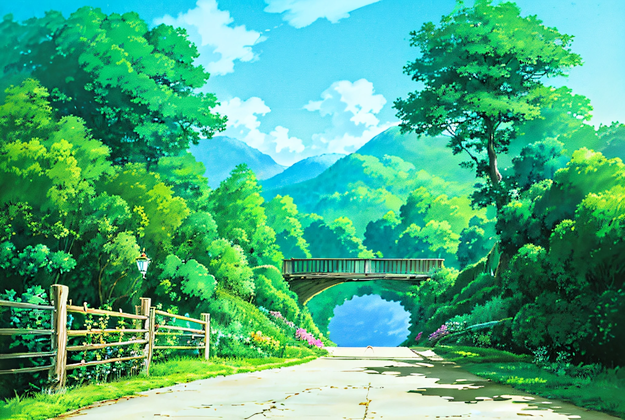 (((best quality))), high saturation, clear, rational construction, cartoon style, architecture, bridge, construction, castle, chimney, cloud, cloudy_sky, day, fantasy, gate, grass, house, mountain, no_humans, outdoor, river, landscape, sky, sunset, tree, window, anime countryside, anime background art, anime scenery, soft concept art studio ghibli, beautiful anime setting,  Anime Set Concept Art, Studio Ghibli Concept Art, Ghibli Studio Environment, Anime Landscape, Beautiful Anime Scene, Glibly Makoto Shinkai Studio, Ghibli Studio Landscape, Cottagecore!!