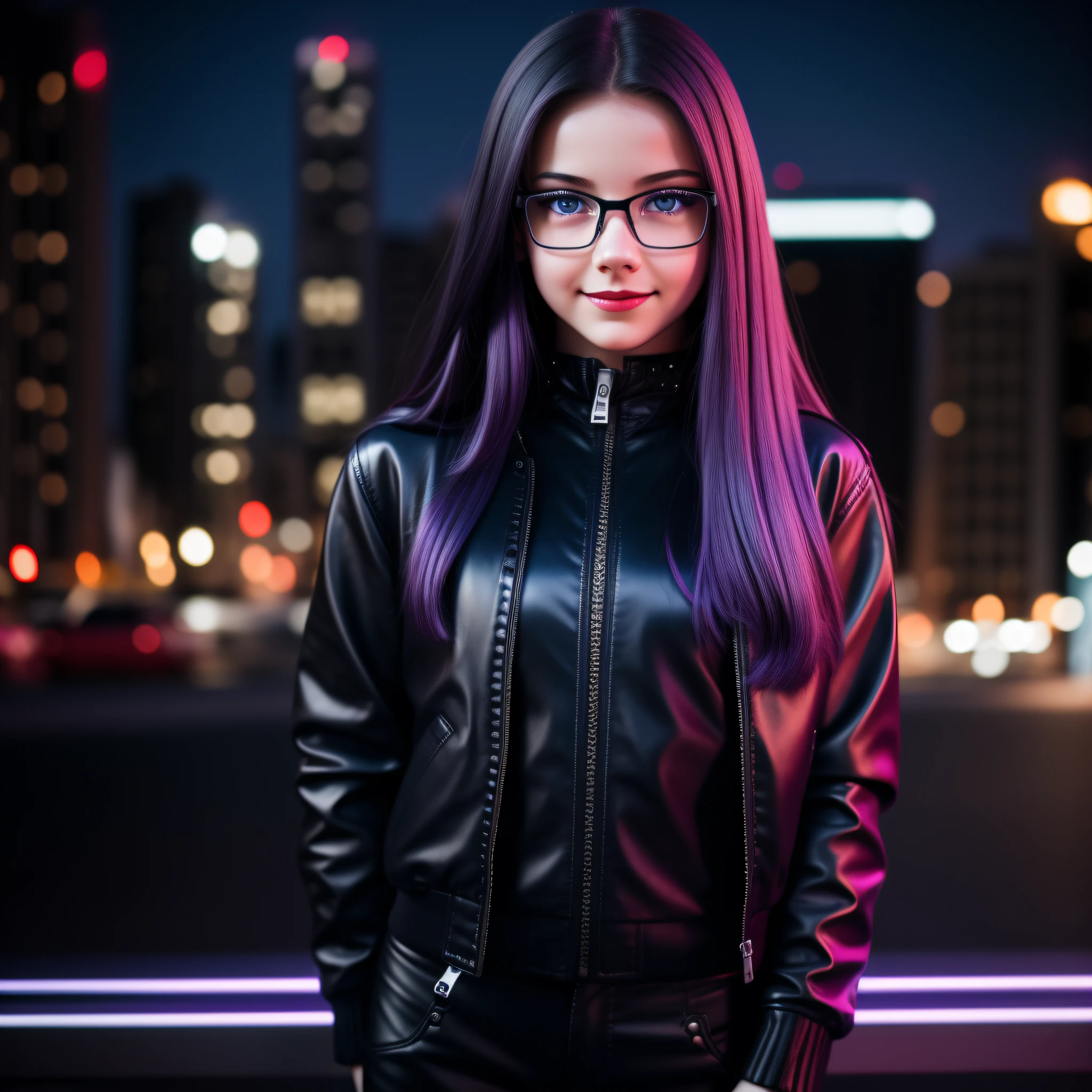 Beautiful realistic 14 year old girl with red lipstick, rosy cheeks, big blue eyes lined up horizontally near the nose, thin eyebrows, long straight purple hair, with nails painted black, wearing a black leather jacket with zipper closed,with a spike strap,black pants, standing,with shy smile, transparent glasses, captured in full body,  in 100k resolution with an 18mm lens at f/1.8 aperture, with a blurry background of an urban city at night with illuminated buildings