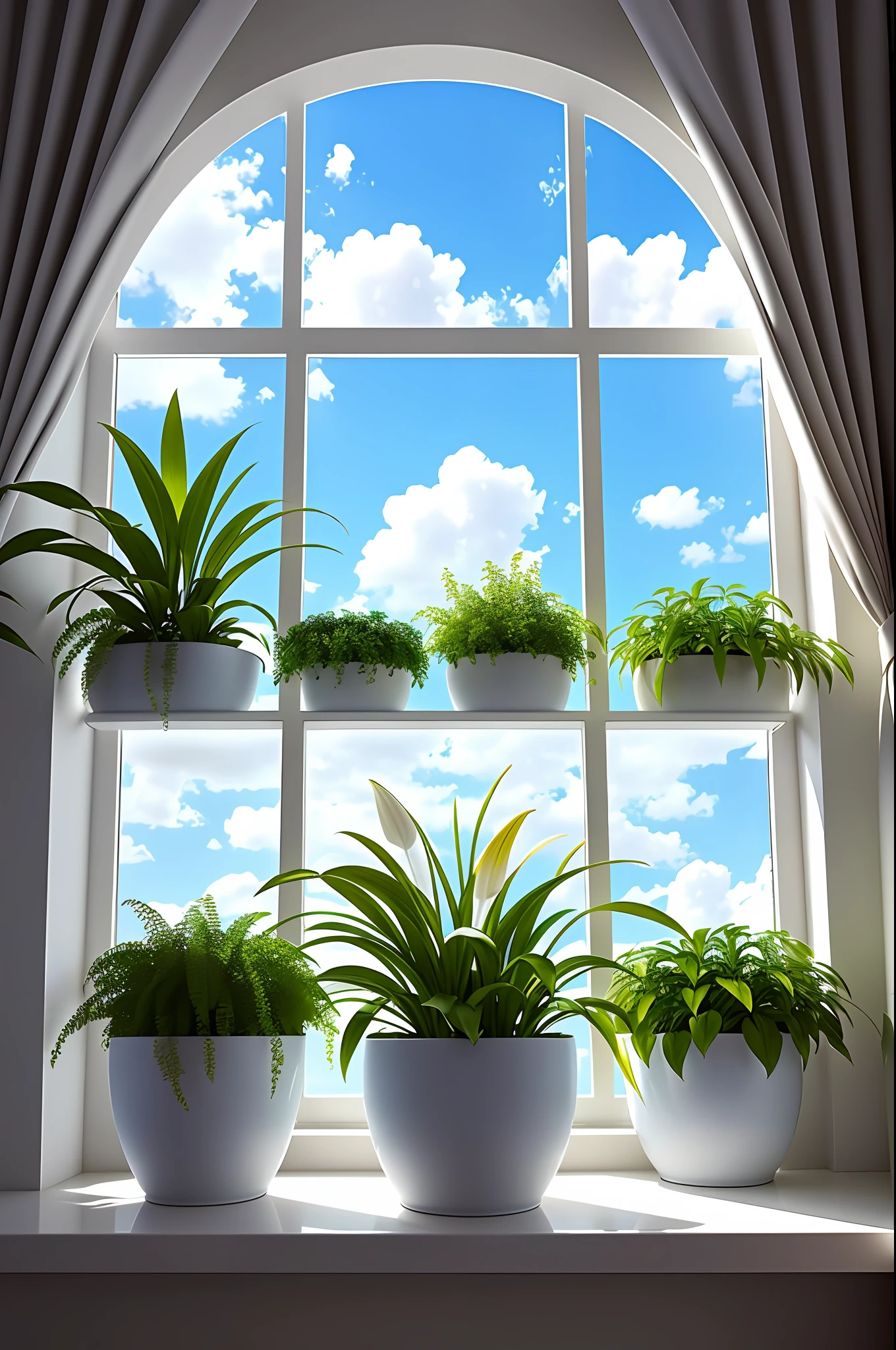 Clay pot, calla lilies, blue sky and white clouds, by the window, sunlight coming in, white curtains floating, lots of details, high quality, 8k