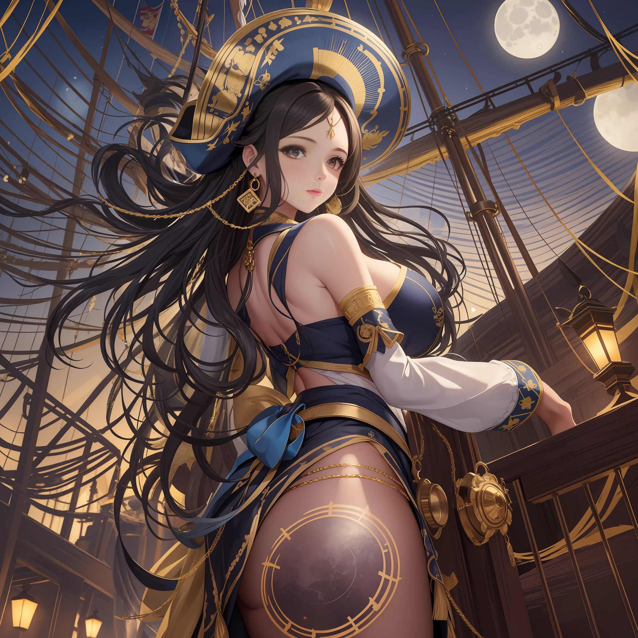 (Masterpiece) A beautiful Caucasian-Latin woman in a Caribbean port in the 1700s, wearing casual attire, some tribal tatos, detailed symmetrical brown eyes with circular iris, perfect hands, perfect body, big, no bra, no hat In the background, a pirate ship and a beautiful and realistic just a moon on a clear night, Soft light in the moonlight, Positioned to capture the woman and the complete pirate ship,  Deep and rich tones like navy blue, golden yellow and midnight black.