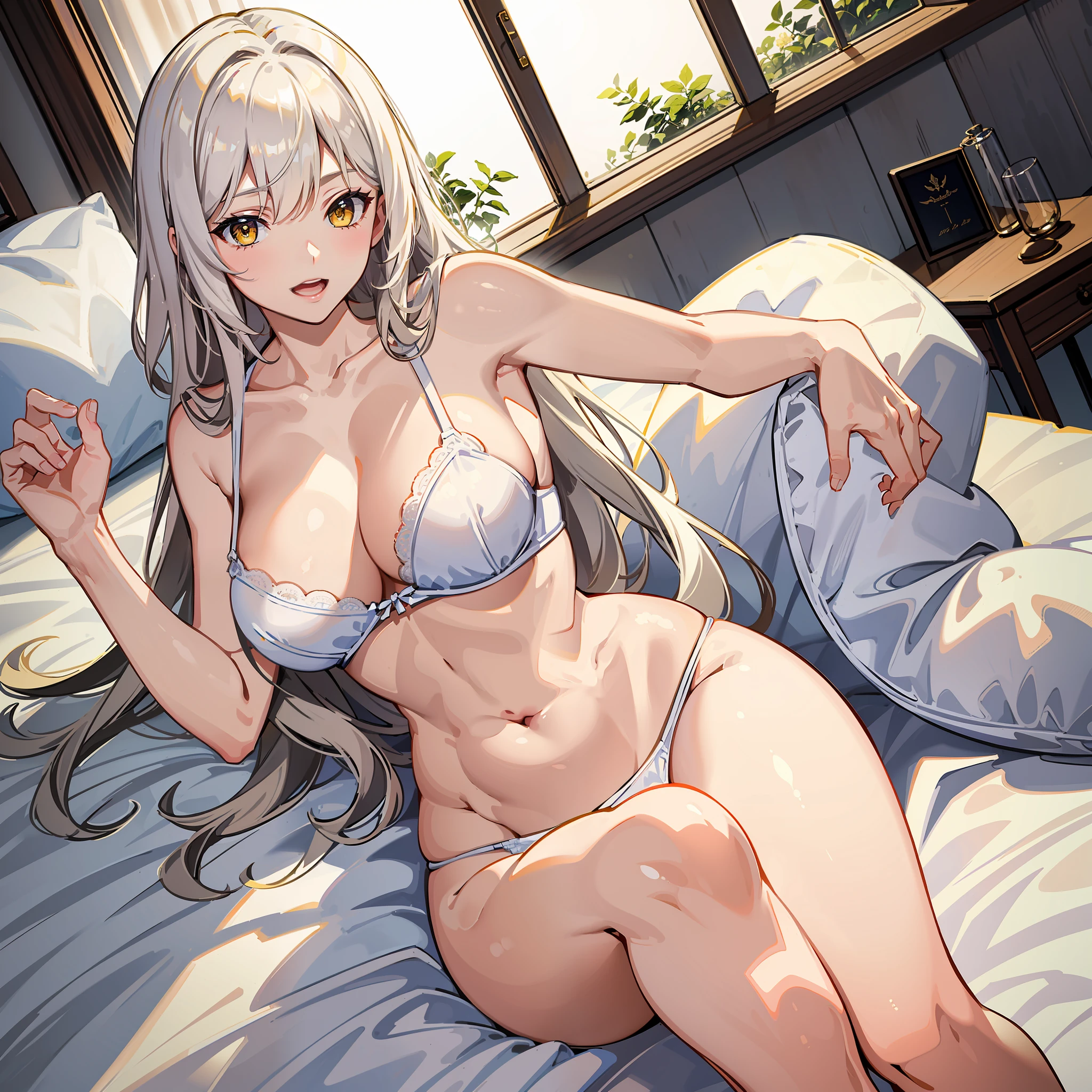 Masterpiece, superior quality, high resolution, solo, large breasts, yellow eyes and white hair, indoors, bra, thong, (reaching: 1.2), lying, from above, arms open, smile, bed, shaggy underwear, open mouth
