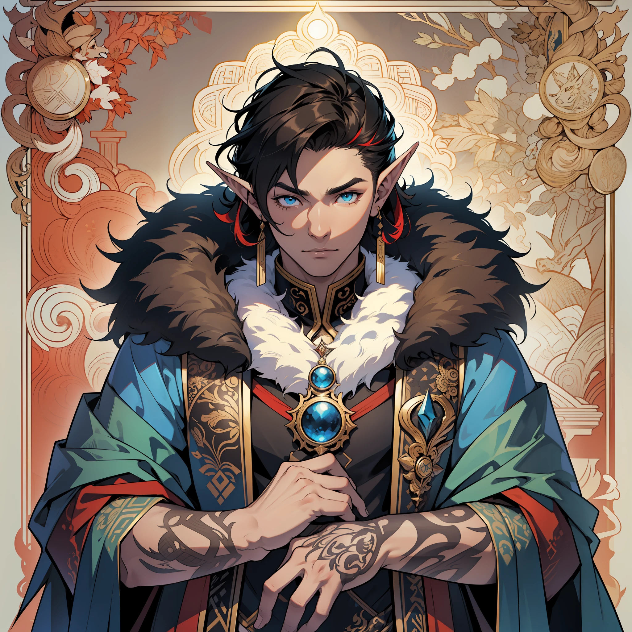 (inked original-art:1.2),(lineart:1.33), 1 male, full body portrait half-elf, close-up, asian, wearing a noble robes with a thick bear fur coat, earrings (depth) hair stylized into a Wolfcut, poster-art, (looking to the side) (hyperdefined) (thin-lines), black hair with red streaks, Fantasy DND aesthetic, white blue yellow brown, complex-lighting,(fine-details:1.3),RAW-format,clean,intricate