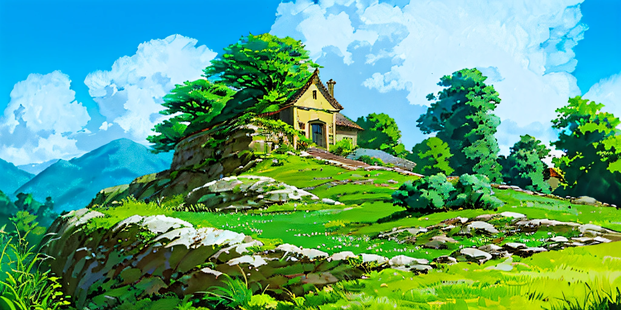 (((best quality))),single build,architecture, blue_sky, building,cloudy_sky, day, fantasy, fence, field,  house, build,architecture,landscape, moss, outdoors, overgrown, path, river, road, rock, scenery, sky, sword, tower, tree, waterfall ,