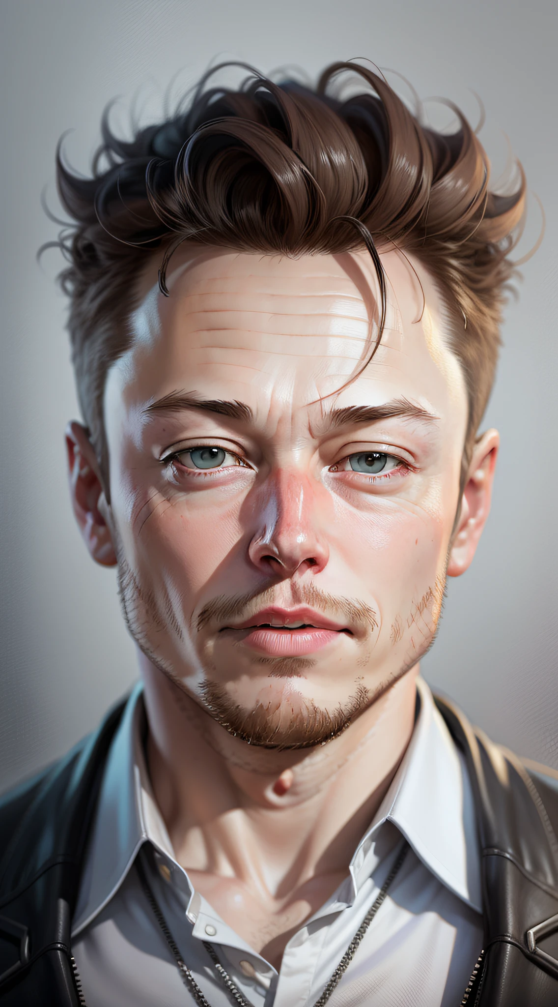Elon Musk, in animated format, portrait, 3d, ethyl lora, realistic, gray background