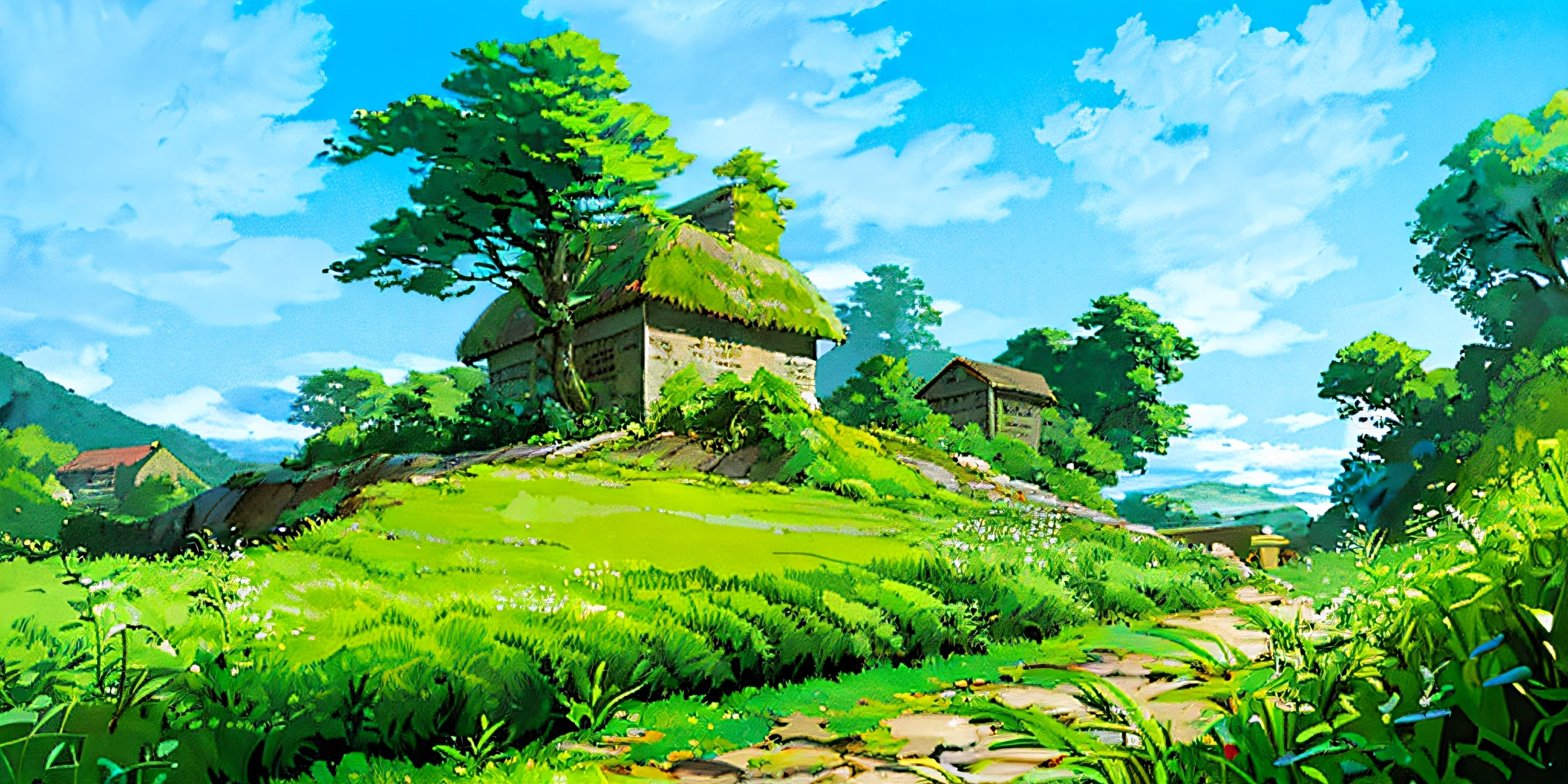 (((best quality))),single build,architecture, blue_sky, building,cloudy_sky, day, fantasy, fence, field, house, build,architecture,landscape, moss, outdoors, overgrown, path, river, road, rock, scenery, sky, sword, tower, tree, waterfall ,