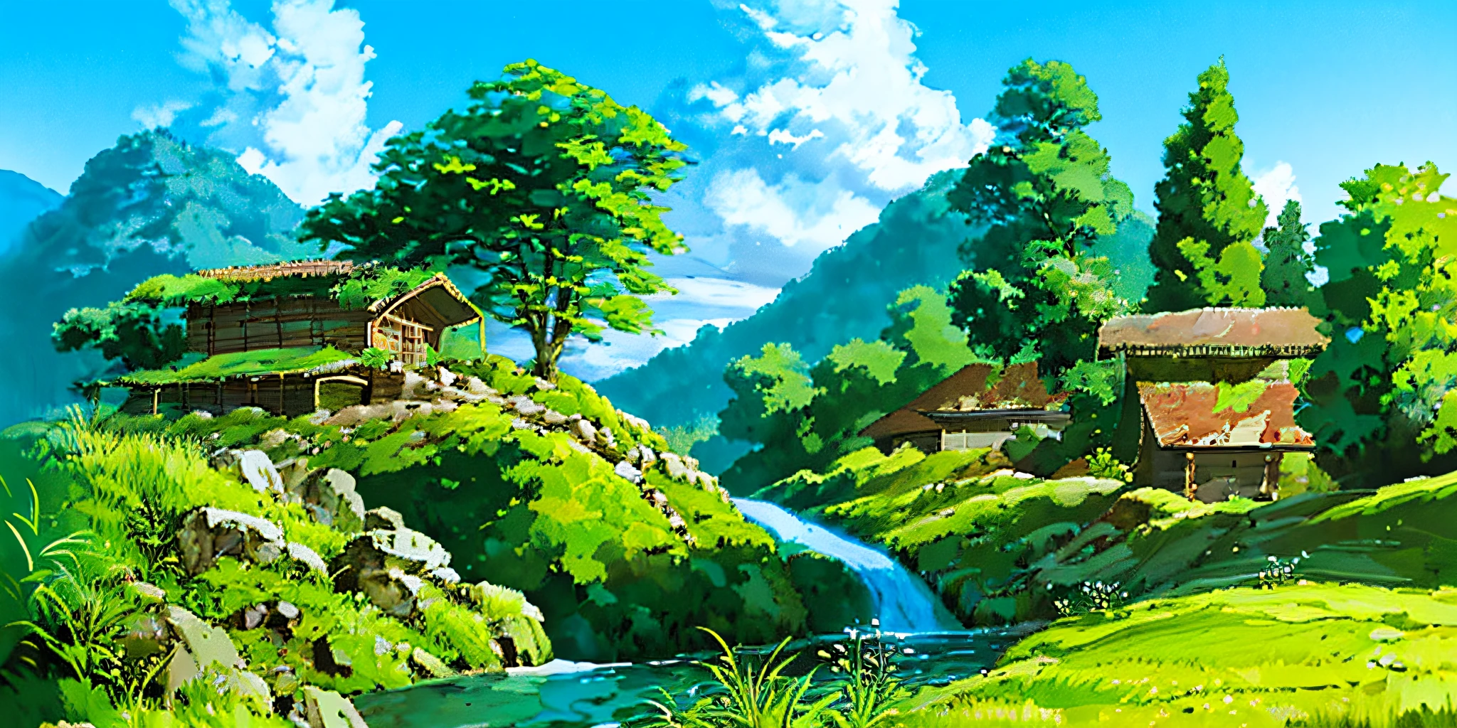 (((best quality))),single build,architecture, blue_sky, building,cloudy_sky, day, fantasy, fence, field,  house, build,architecture,landscape, moss, outdoors, overgrown, path, river, road, rock, scenery, sky, sword, tower, tree, waterfall ,