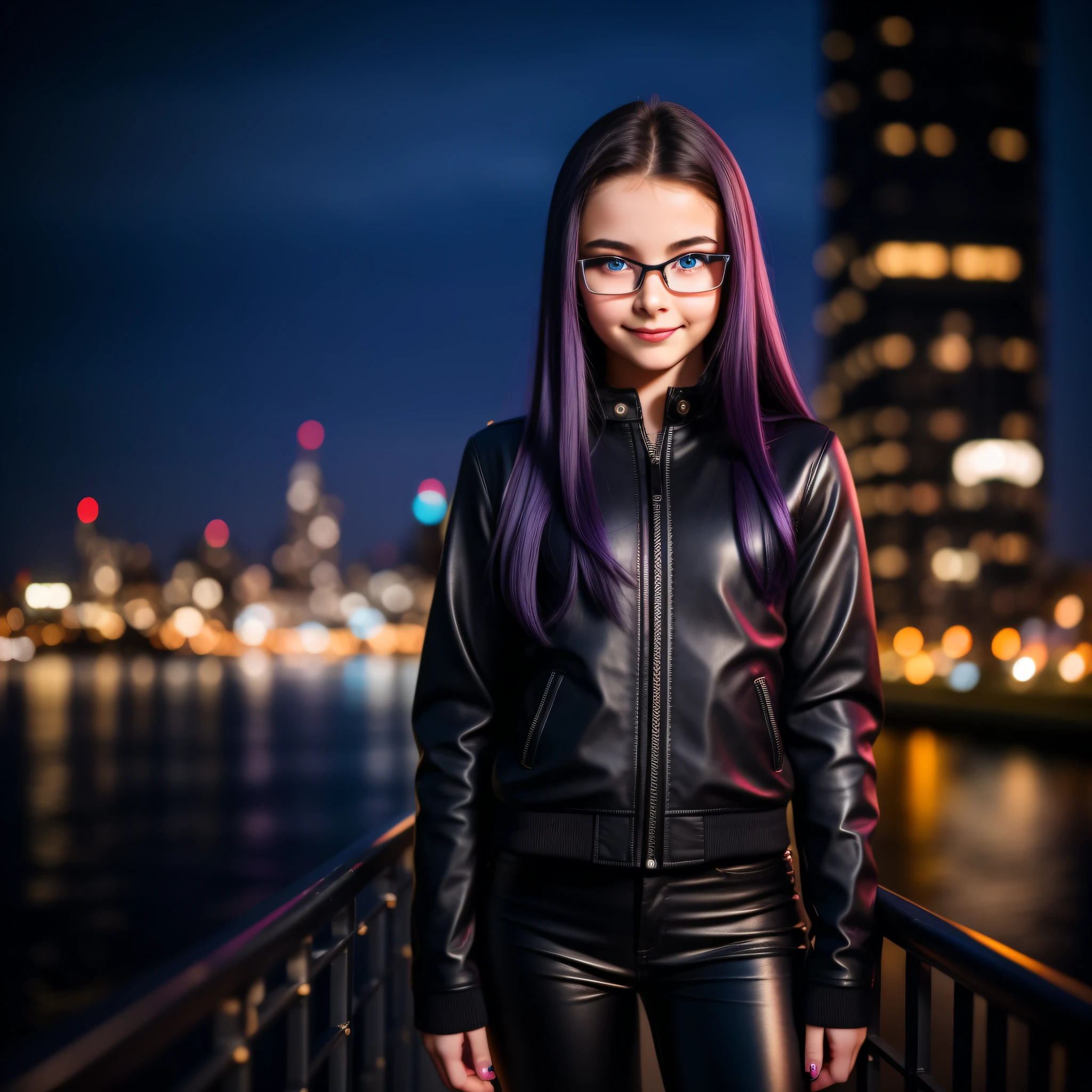 Beautiful realistic 14 year old girl with red lipstick, rosy cheeks, big blue eyes lined up horizontally near the nose, thin eyebrows, long straight purple hair, with nails painted black, wearing a black leather jacket with zipper closed,with a spike strap,black pants, standing,with shy smile, transparent glasses, captured in full body, in 100k resolution with an 18mm lens at f/1.8 aperture, with a blurry background of an urban city at night with illuminated buildings