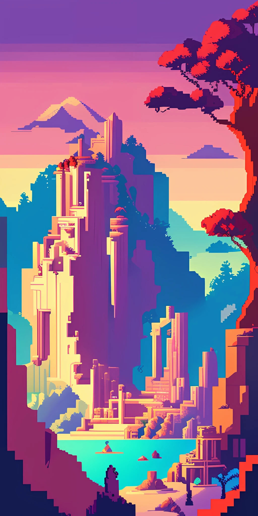 (Paisagem Pixel): masterpiece, best quality, ultra-detailed, high resolution, dynamic composition, beautiful pixel art scenery, contrasting colors, soft lighting, vibrant environment.