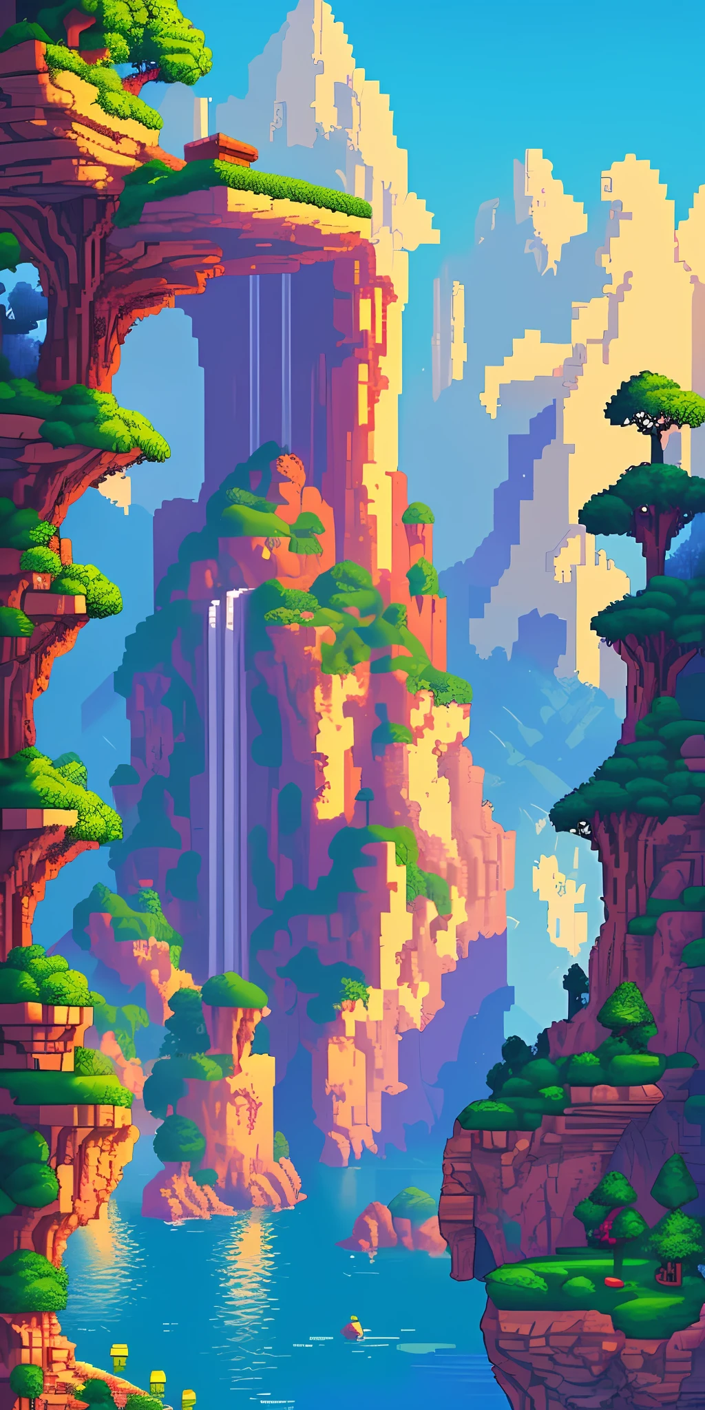 (Paisagem Pixel): masterpiece, best quality, ultra-detailed, high resolution, dynamic composition, beautiful pixel art scenery, contrasting colors, soft lighting, vibrant environment.