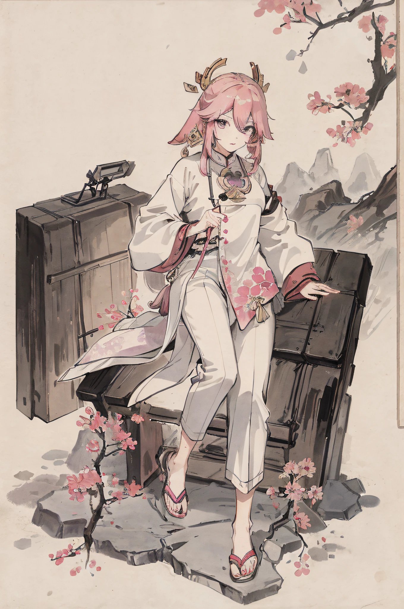 (Masterpiece, best quality: 1.2), traditional Chinese ink painting, pink hair, purple eyes, yae miko, couch, trendy sunglasses