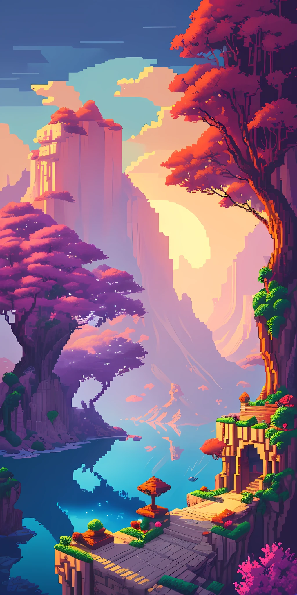 (Paisagem Pixel): masterpiece, best quality, ultra-detailed, high resolution, dynamic composition, beautiful pixel art scenery, contrasting colors, soft lighting, vibrant environment.