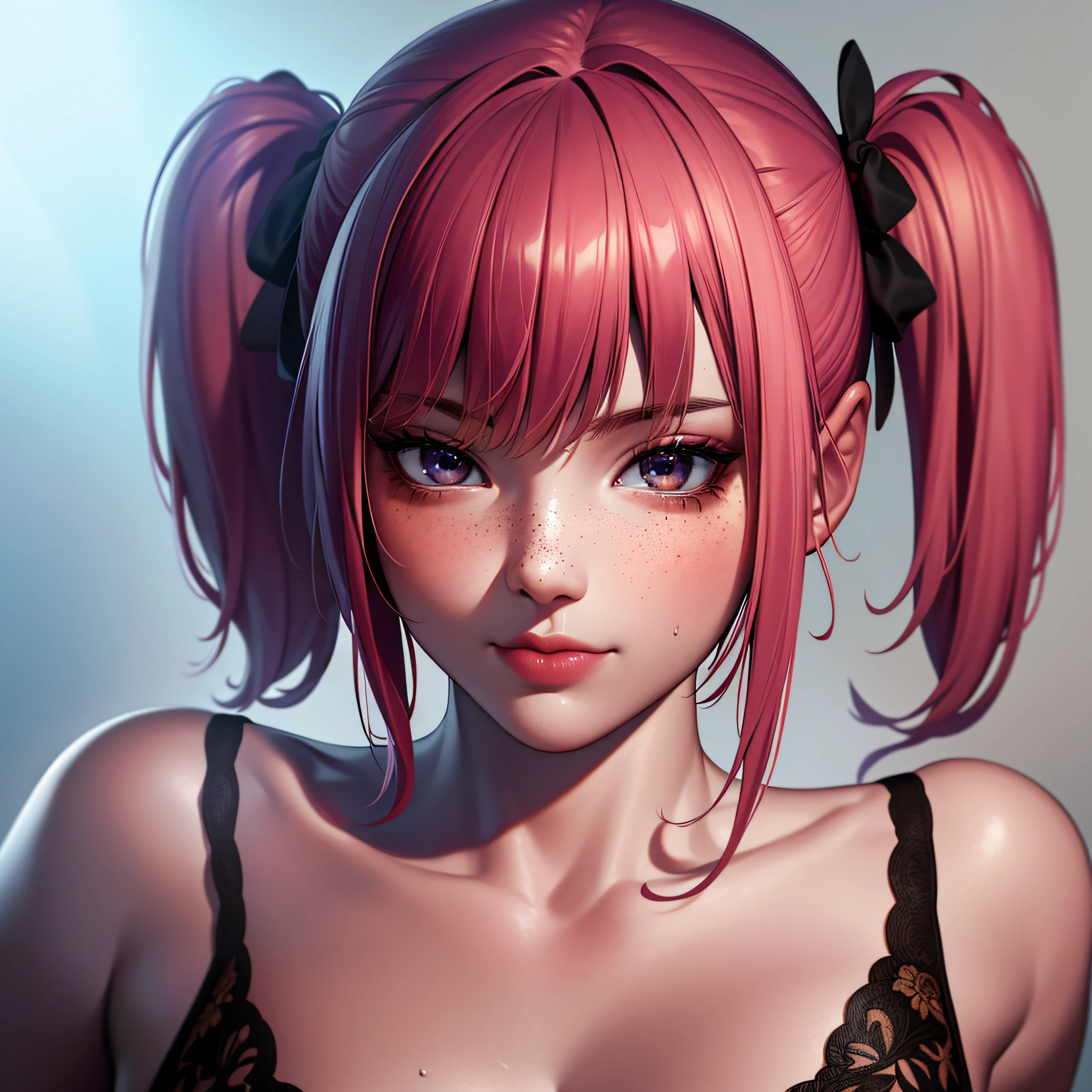ultra hd, high resolution, realistic, best quality, masterpiece, (realistic: 1.2), upper body, 1 girl, pink hair, with a tattoo ((short hair in two pigtails)), brown eyes, detailed face, beautiful eyes, detailed eyes, playful, freckles, young, black bikini bottom, lingerie, medium bust, intricately detailed, elaborate, meticulous, gorgeous, maximum details, extremely hyperaesthetic, looking at viewer, gray background, masterpiece, best quality, high quality, highres, amazing lighting, detail enhancement, most beautiful image in the world, 8k resolution, awe inspiring, hd
