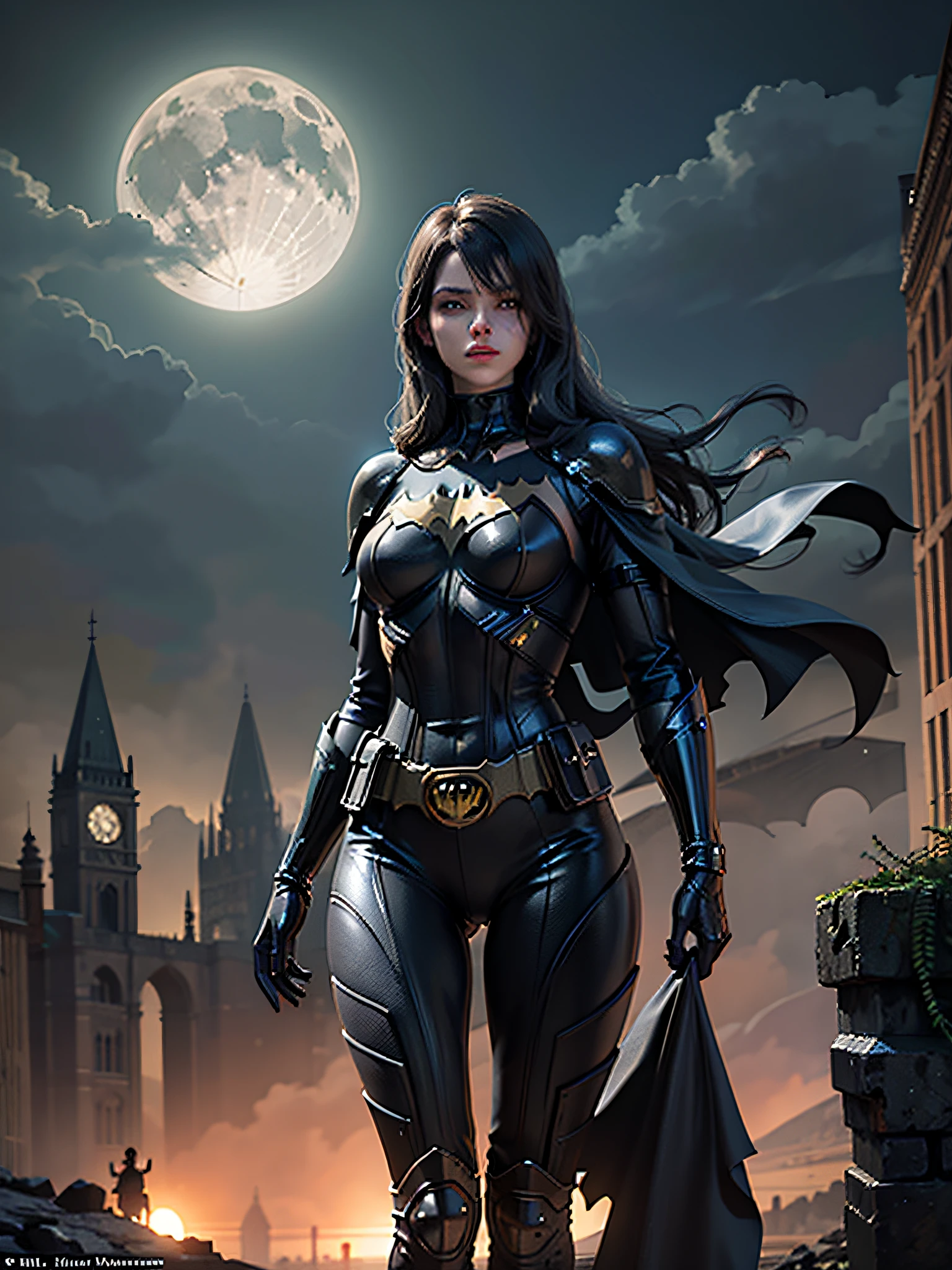 Batman from the dark knight stands imposing in a gothic lost city. Moonlight highlights your muscles and scars. The scenery is lush and mysterious, with futuristic tech and surroundings. The camera details everything, a warrior woman, in front of him.