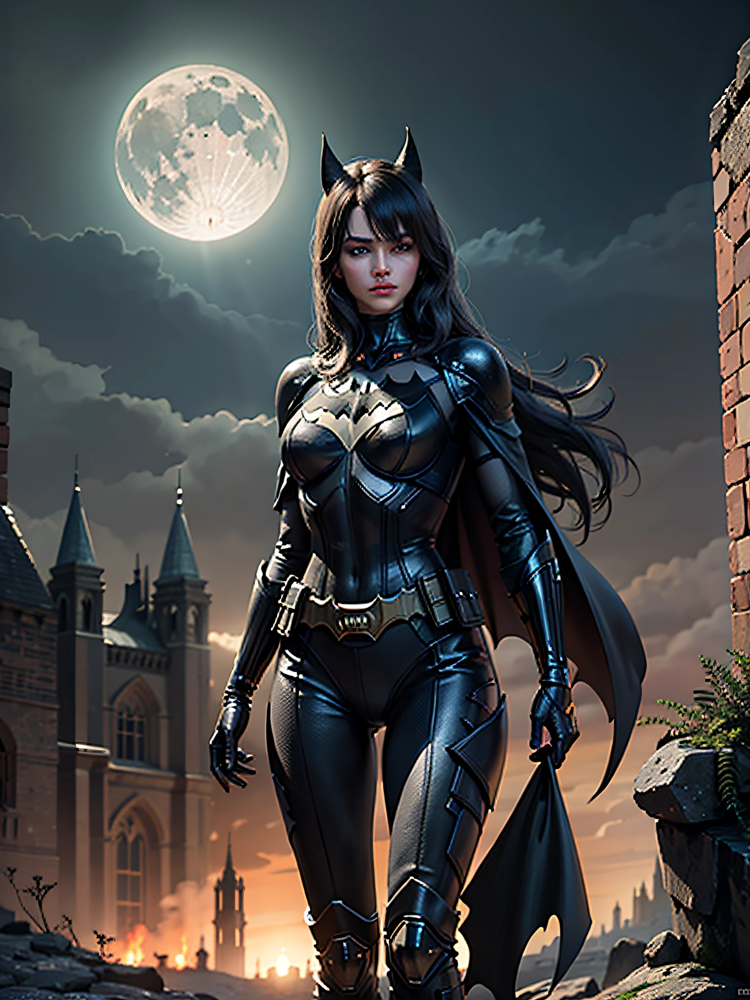 Batman from the dark knight stands imposing in a gothic lost city. Moonlight highlights your muscles and scars. The scenery is lush and mysterious, with futuristic tech and surroundings. The camera details everything, a warrior woman, in front of him.