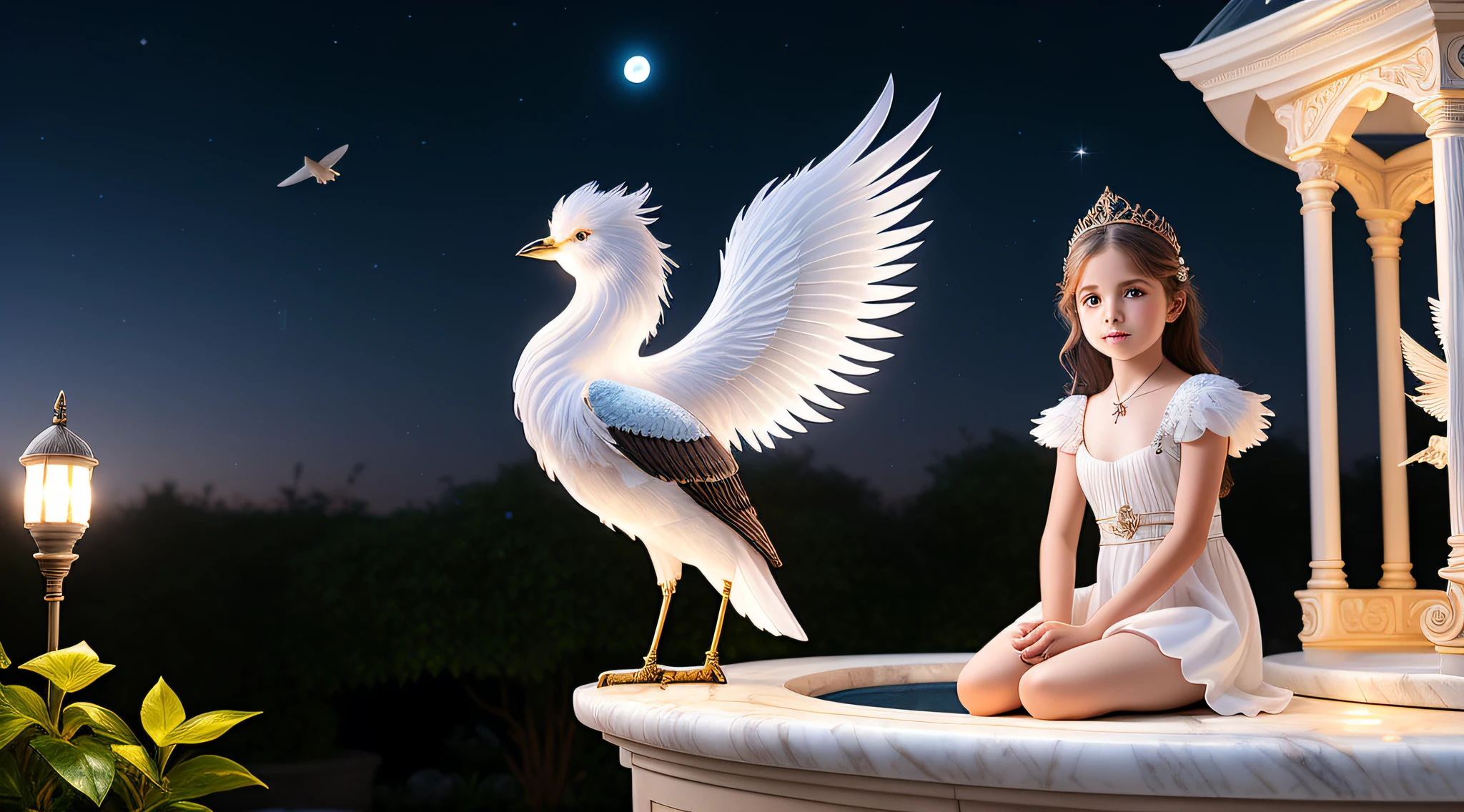 little cute angel with feathered wings looking to the night sky, ((gorgeous face)), ((realistic)), sitting on the outer egde marble gazebo at night garden and surrounded by white litle birds flying around her, all illuminated by the moon, intricate detailed, professional lighting, high definition, 8k, studio light