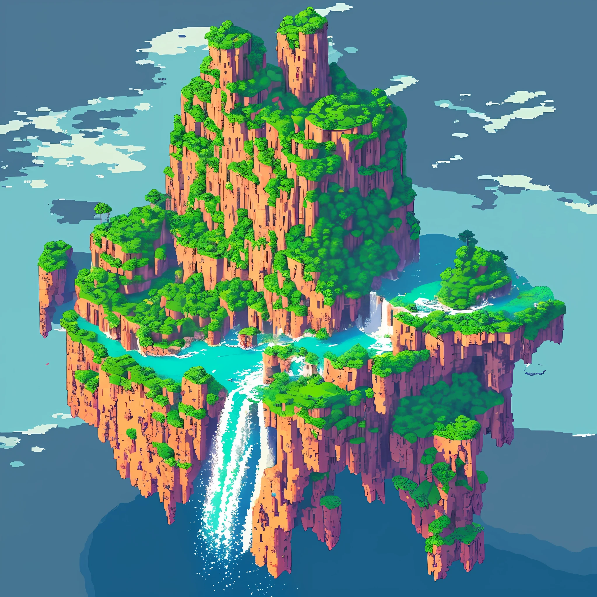 (Pixel Landscape): masterpiece, best quality, ultra-detailed, high resolution, pixel art scenery, floating island, anjel island, falling waterfall, island floating above the sea.