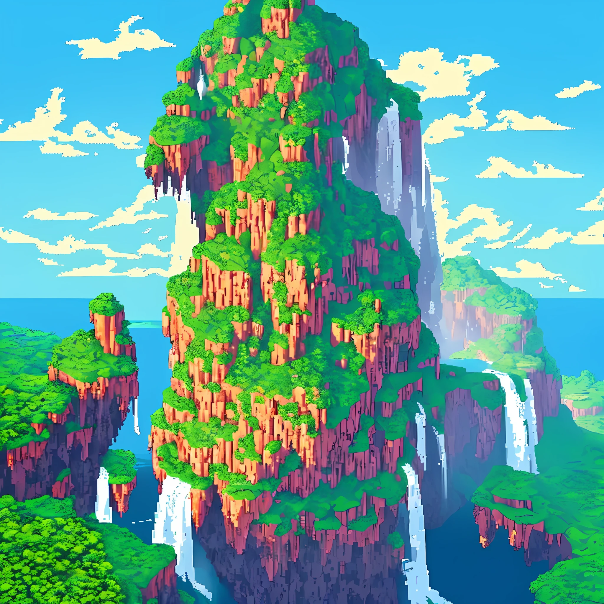 (Pixel Landscape): masterpiece, best quality, ultra-detailed, high resolution, pixel art scenery, floating island, anjel island, falling waterfall, island floating above the sea.