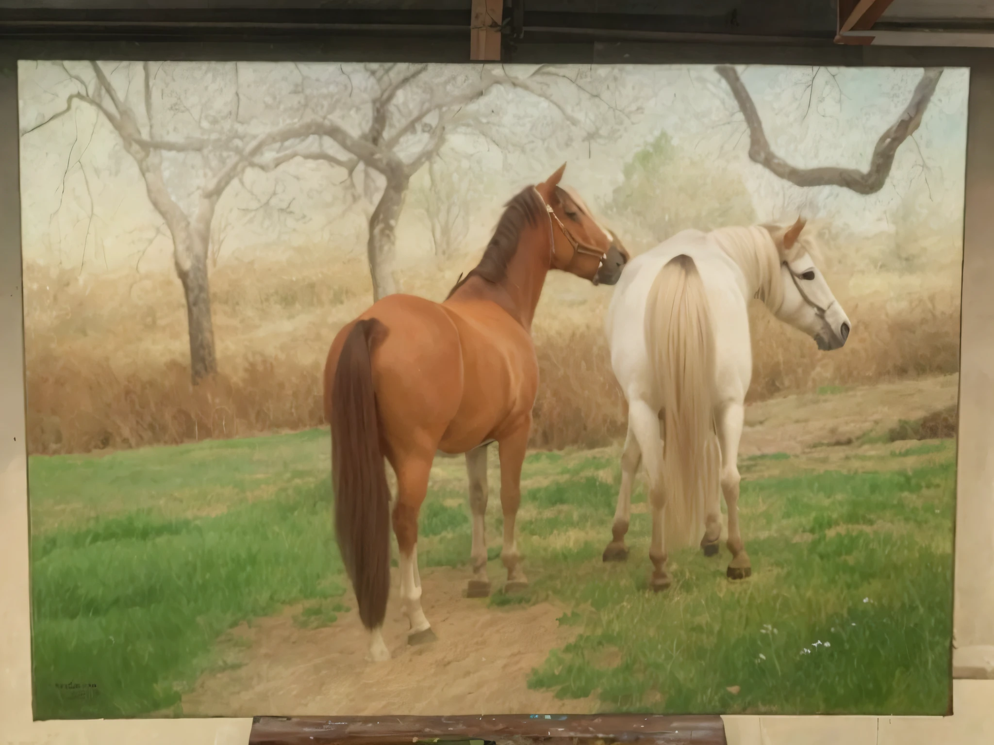 ultra resolution painting of two horses in a field with trees in the background, inspired by Jacques-Laurent Agasse, inspired by Rosa Bonheur, horses, inspired by John Frederick Herring, Sr., pastel art, large pastel, pastel painting, painted with pastel, very complete detail, oil painted, painted with oil, detail added, painted in high resolution 32K oil painting