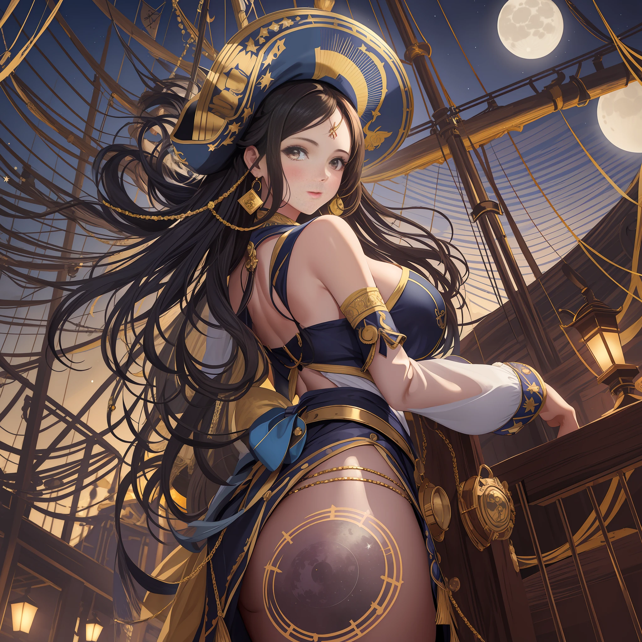 (Masterpiece) A beautiful Caucasian-Latin woman in a Caribbean port in the 1700s, wearing casual attire, some tribal tatos, detailed symmetrical brown eyes with circular iris, perfect hands, perfect body, large breasts, no bra, no hat. In the background, a pirate ship and a beautiful and realistic moon on a clear and starry night, Soft moonlight, Positioned to capture the woman and the full pirate ship, deep and rich shades like navy blue, golden yellow and midnight black.