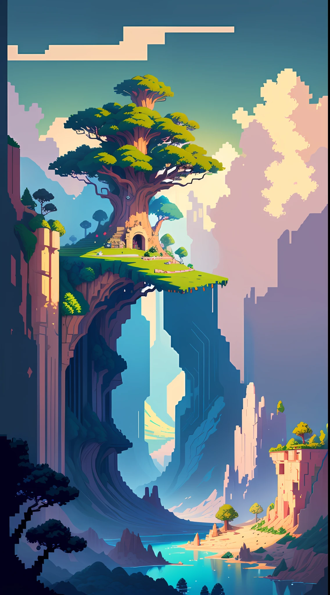 (Paisagem Pixel): masterpiece, best quality, ultra-detailed, high resolution, dynamic composition, beautiful pixel art scenery, contrasting colors, soft lighting, vibrant environment.