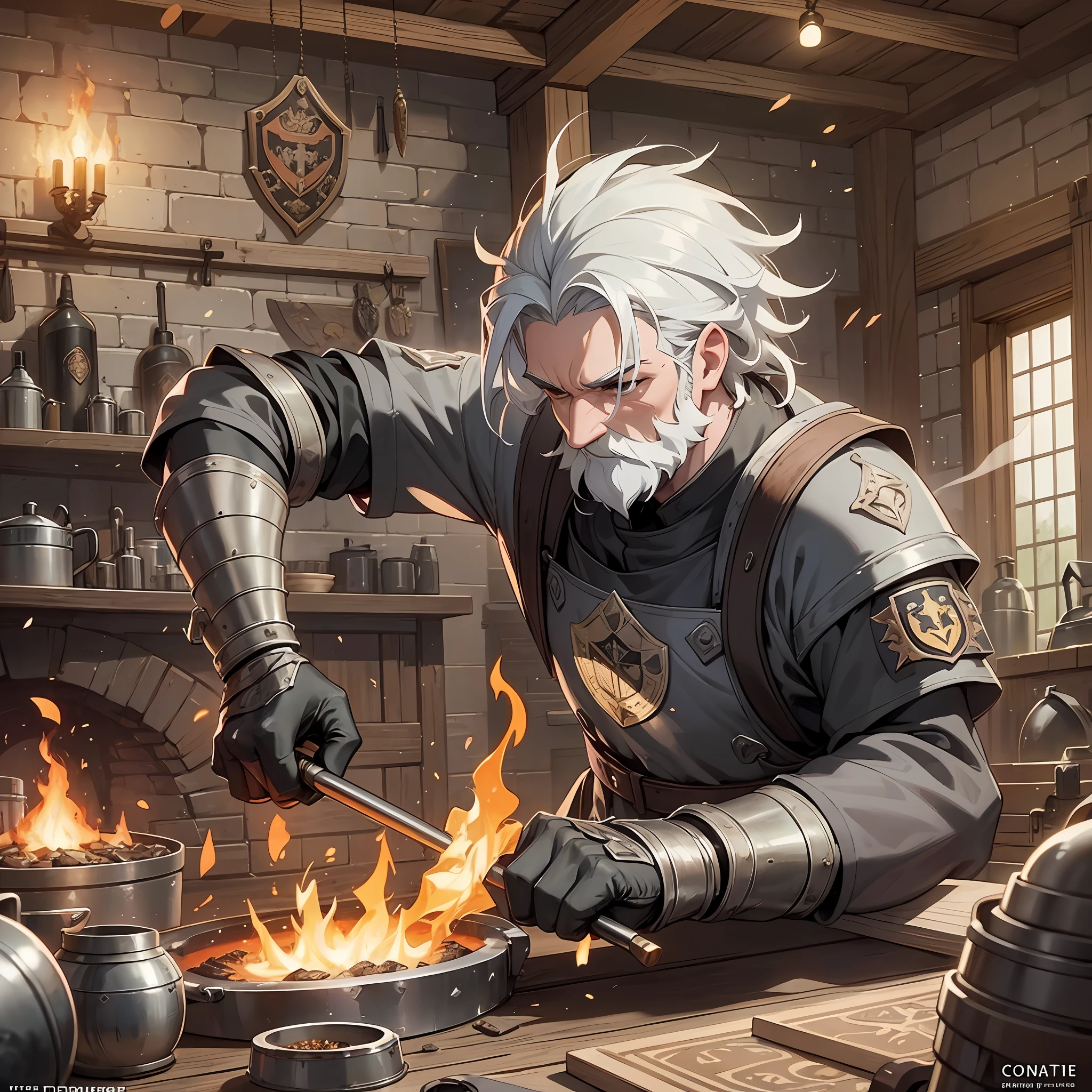 Make this throught the eyes of somone with PROTANOPIA vision. Blacksmith Family Crest Animation:
Begin with a visual representation of the family crest at the center of the animation.
Introduce a background featuring a medieval-style blacksmith shop.
Animate a blacksmith hammering on an anvil, surrounded by various tools and equipment.
Incorporate elements such as sparks flying, smoke rising from the forge, and glowing hot metal.
Use smooth transitions to highlight different parts of the family crest, such as the shield, motto, or supporters.
You can add subtle movements to the blacksmith figure, emphasizing their work and dedication.
Finish the animation with the family name and any additional text, accompanied by a fade-out effect. --auto --s2