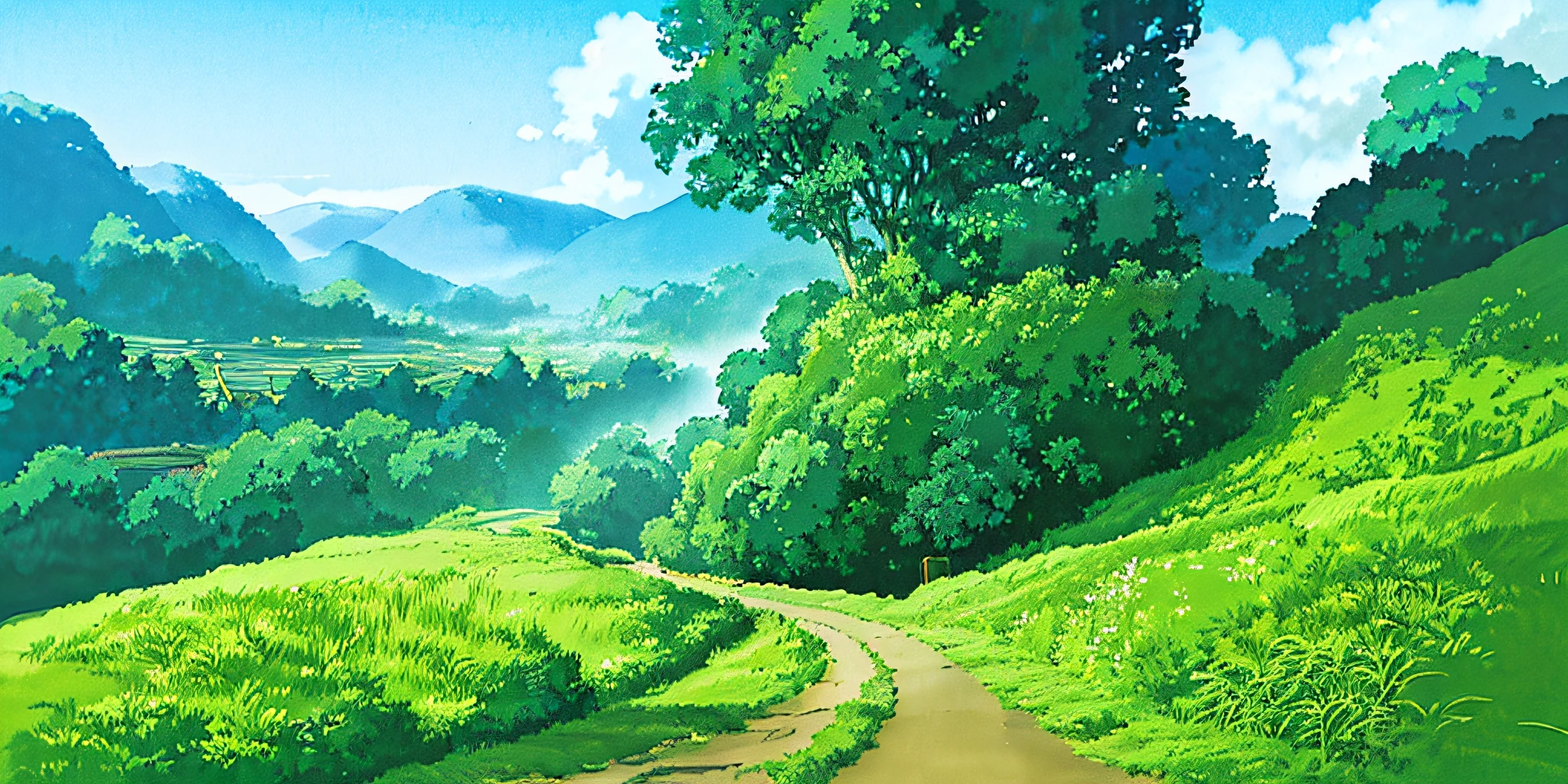 (((best quality)))), an umlaut on a hill with a path leading to it, anime countryside, anime background art, anime scenery, soft studio ghibli concept art, beautiful anime scenery, anime set concept art, studio ghibli concept art, ghibli studio environment, anime landscape, beautiful anime scene, Glibly Makoto Shinkai Studio, Ghibli Studio Landscape, Cottagecore!!
