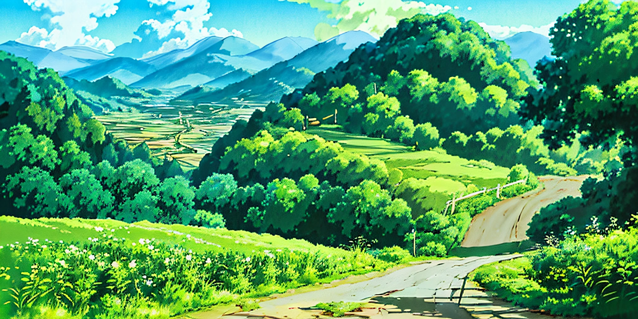 (((best quality)))), an umlaut on a hill with a path leading to it, anime countryside, anime background art, anime scenery, soft studio ghibli concept art, beautiful anime scenery, anime set concept art, studio ghibli concept art, ghibli studio environment, anime landscape, beautiful anime scene, Glibly Makoto Shinkai Studio, Ghibli Studio Landscape, Cottagecore!!