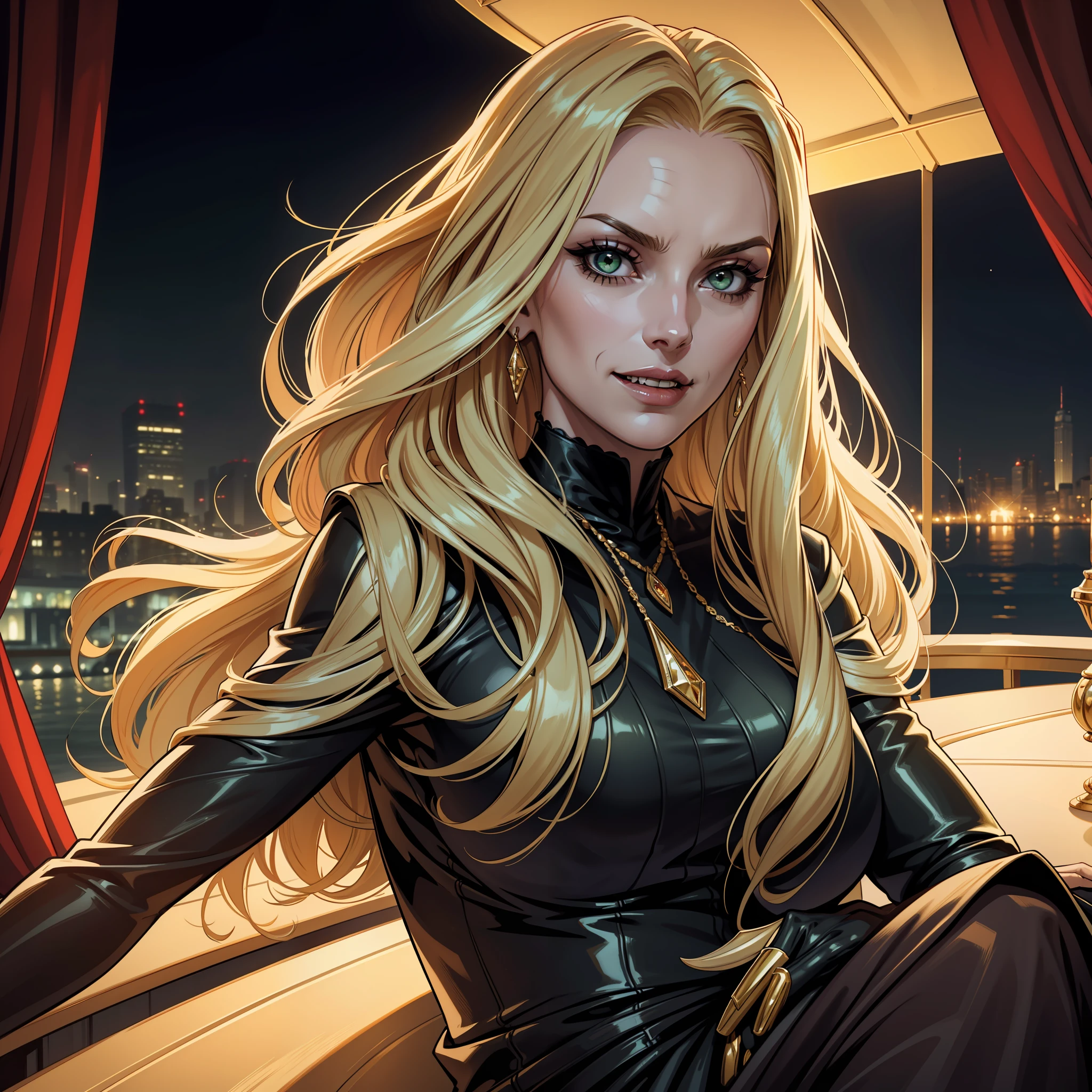 (extremely detailed 8k wallpaper), dark theme, Vampire the Masquerade, modern horror, 2020s, mature elderly woman, wearing chic designer white and gold clothes, expensive jewelry, sharp focus, (subsurface scattering:1.1), award-winning photography, centered face, Cristiana Arcangeli's face, ((a Ventrue vampire)), half-body photo:1.1, long light blonde hair, green eyes:1.2,  serious smile, on the edge of a luxurious yacht on the beach overlooking the beach at night, dramatic lighting