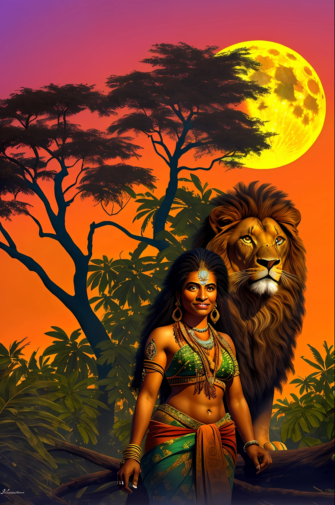 A Brazilian Indian woman with a lion on her side and a full moon in the background in a beautiful Amazon rainforest