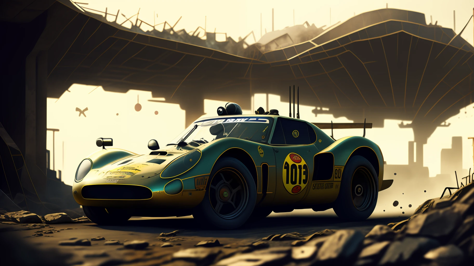 A super equipped sports racing car in a post-apocalyptic world.