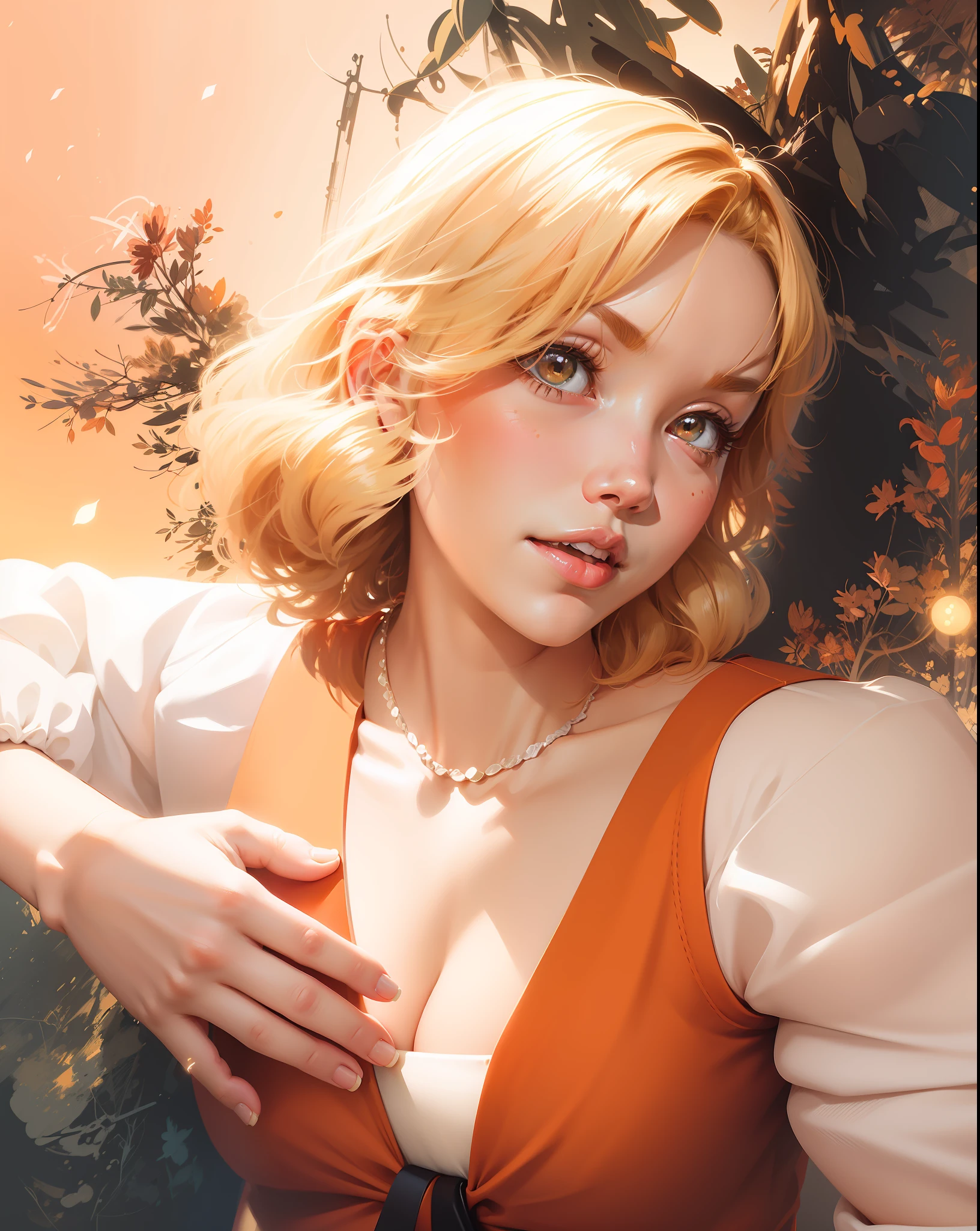 vector art, art by Ilya Kuvshinov, art by WLOP, detail vector art, loose brush effect, luminance, warm bright pastel colors, perfect hips, stretching Riuko Matoi, luminous, blond hair, pale, big eyes, vector art, blurry, art by Ilya Kuvshinov, bright orange-pink car show background --auto --s2