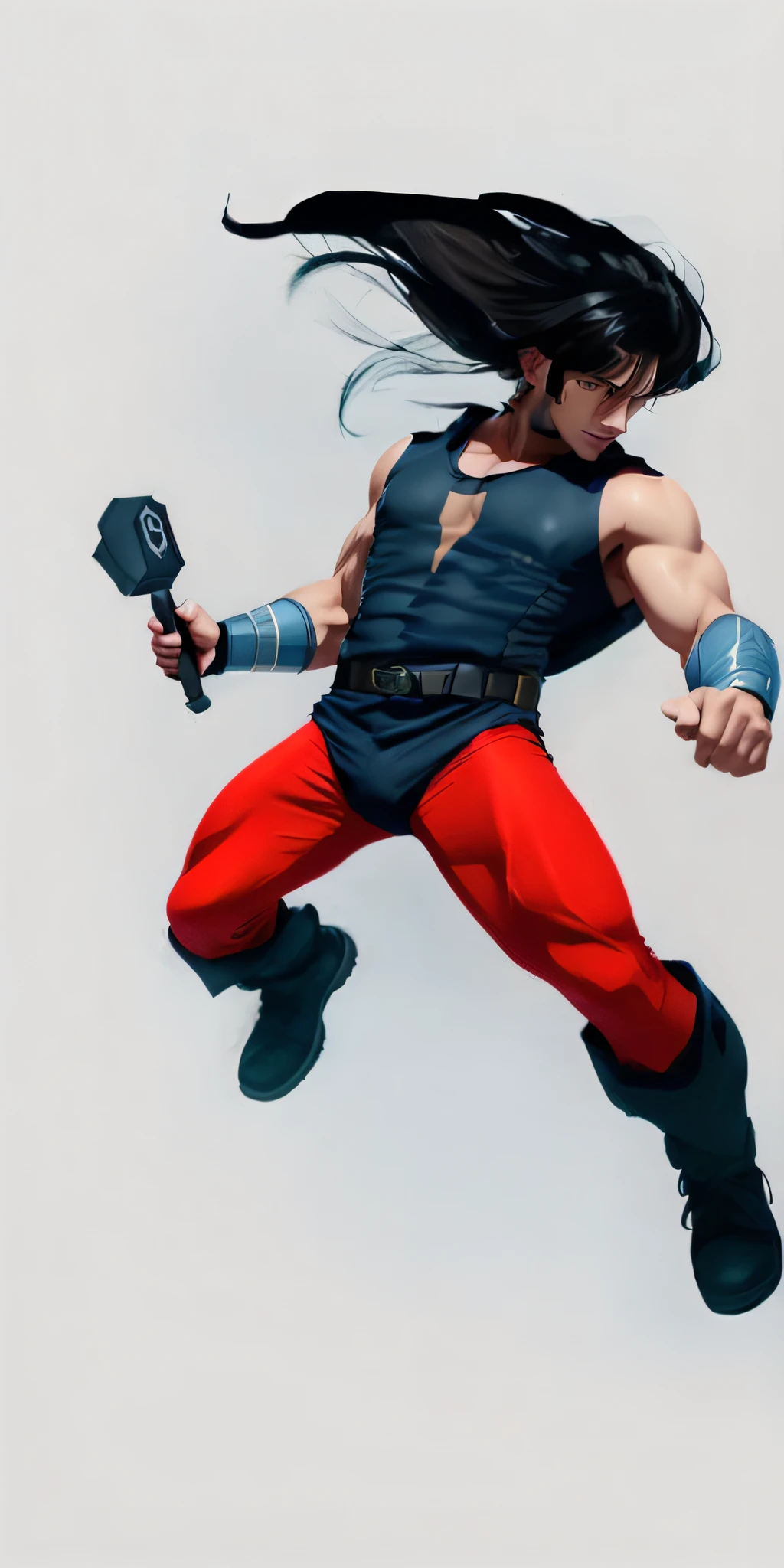 A closeup of a person with a red pants and a dark blue protective vest, sucking a hammer, render3d design, no text, leaked image, muscular male hero, comic book character, fighting game character, superhero pose, superhero body, muscular character, hero action pose, , superhero, serious sam as crushing characters,  superhero