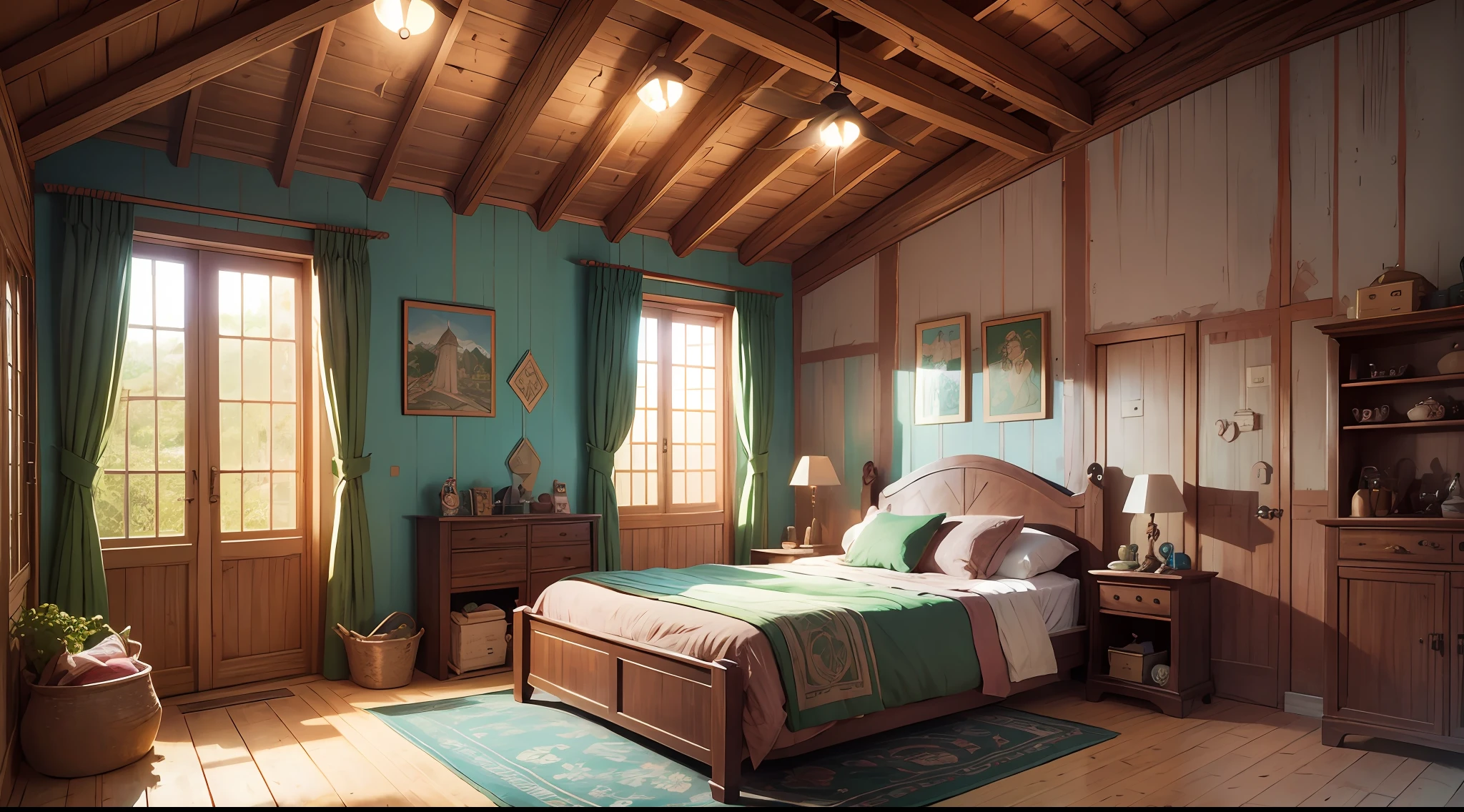 inside the old cabin, full of old things, small room with floor bed in the corner, old cabin, herbs drying on the walls, lined with herbs hanging on the walls and ceiling, peasant house, colorful patterns on cloth, small place of poor fire, table with tea set, grainy texture, traditional illustration, illustration of colored pencils, featured in Artstation, a character portrait by Victo Ngai, featured in Artstation, in the style of wlop, ilya kuvshinov, tarot card, high detail, art nouveau, vibrant, colorful, green, pink, turkey, blue, bright, textile springs, moebius, kilian eng, cyberpunk, neon, gold, rose highlights, magic, fantasy, intricate, highly detailed, queen, goddess --auto --s2