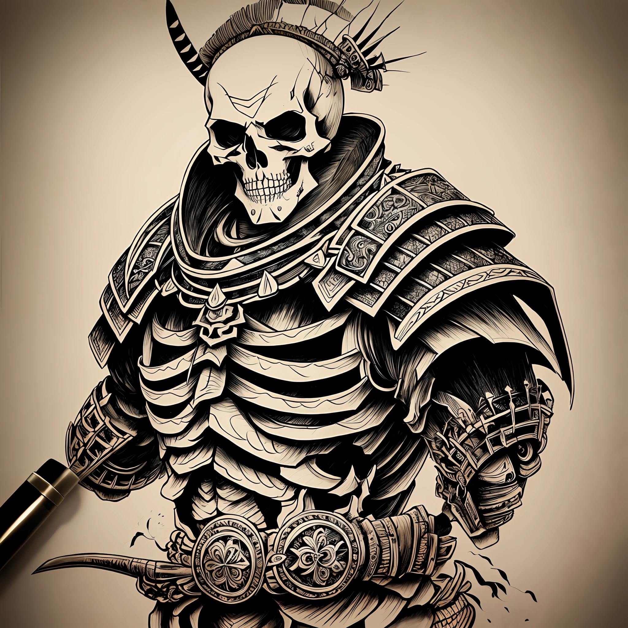 Pen drawing of a skeleton samurai
