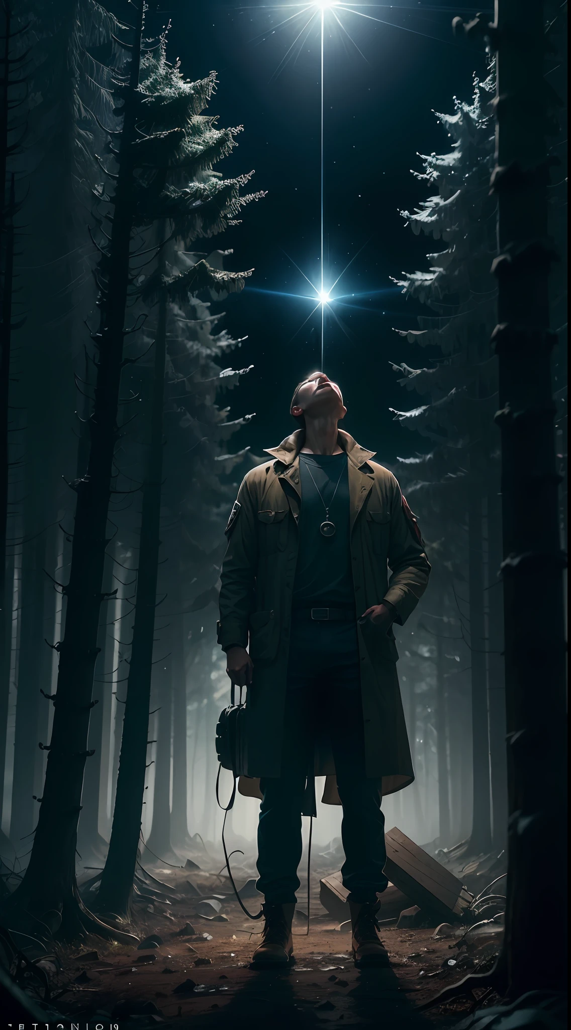 /imagine prompt: Create a cinematic 4K image that depicts the incident of Travis Walton in the year 1975 when the woodcutter was abducted. Visualize a night scene in a forest clearing, with tall trees all around. Feature Travis Walton, dressed as a lumberjack, looking up with an expression of shock and surprise as he is lifted into the air by a beam of bright light emitted by an alien spacecraft. Use visual effects to emphasize the contrast between the bright light and the dark environment, creating a mysterious and intriguing atmosphere. Add details to the spaceship to convey its extraterrestrial nature, with futuristic design and unconventional elements. Let the image evoke a sense of awe and wonder in the face of the unknown, stimulating the imagination of what may have happened to Travis during his abduction.