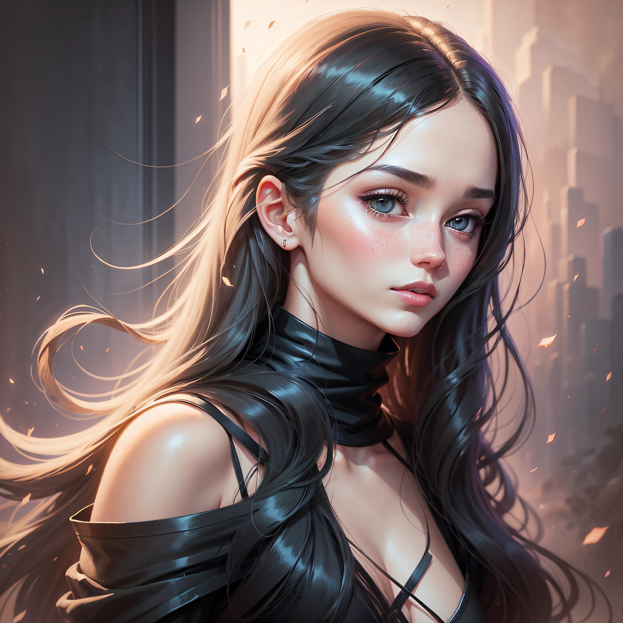 there is a woman with long hair and a black top, soft digital painting, pollution, pollen, soft anime illustration, art cover illustration, photoillustration, photorealistic illustration, sultry digital painting, medium detailed. digital painting, pale complexion, illustration!, glossy digital painting, soft ilumination,high quality and dreamy illustration, feminine portrait