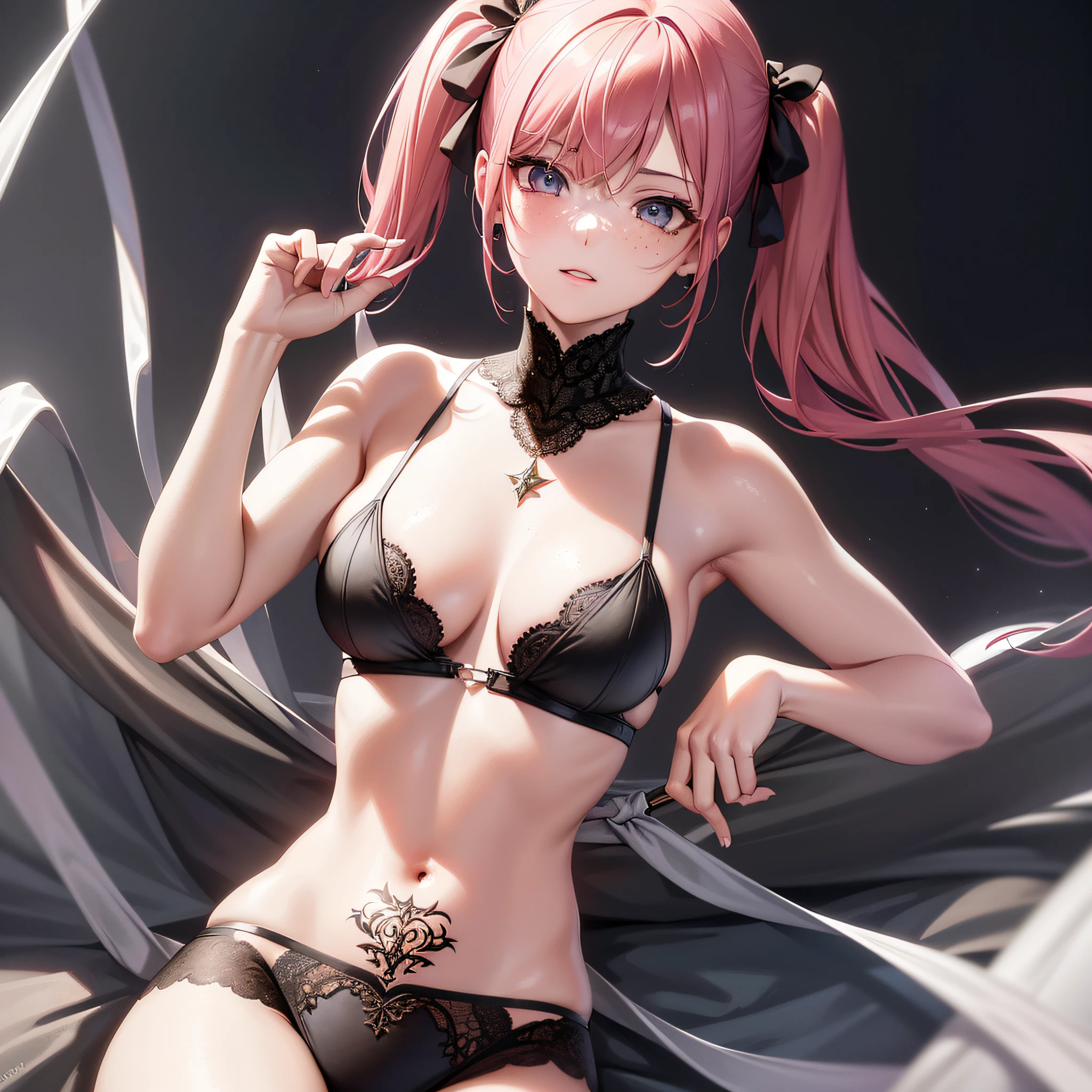 Ultra HD, high resolution, realistic, best quality, masterpiece, (realistic: 1.2), upper body, 1 girl, pink hair, with a tattoo ((short hair in two pigtails)), brown eyes, detailed face, beautiful eyes, detailed eyes, playful, freckles, young, black bikini background, lingerie, medium bust, intricately detailed, elaborate, meticulous, beautiful, maximum details, extremely hyper-aesthetic, looking at the viewer, gray background, masterpiece, Best quality, high quality, high resolution, amazing lighting, detail enhancement, world's most beautiful picture, 8K resolution, stunning inspiration, HD