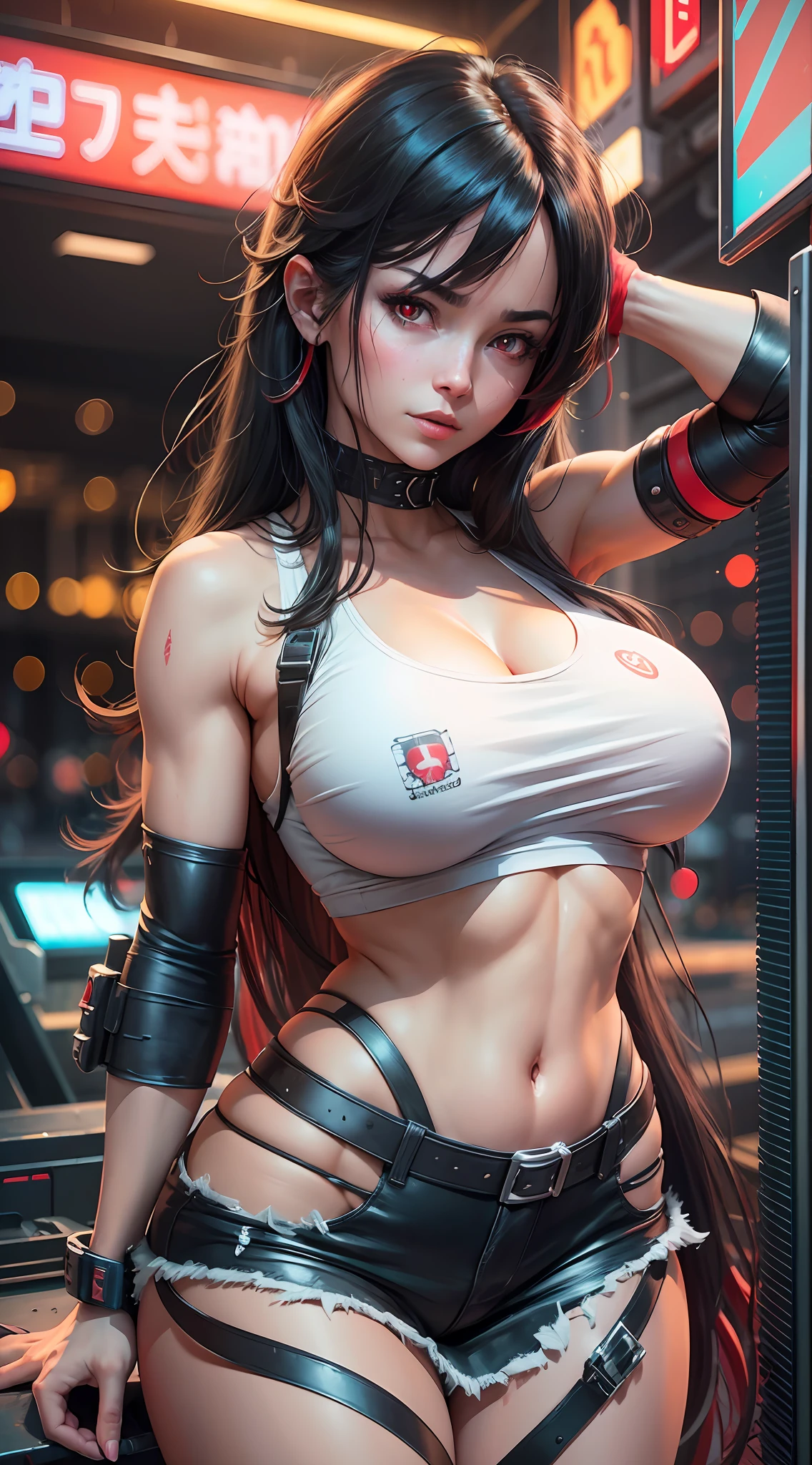 Tifa lockhart, tifa_lockhart, ff7, sultry face, (white tank top:1.2), black miniskirt, (black long hair), hair bangs (red eyes:1.3) long eyelashes, beautiful red eyes with brightness, surrealism, shadow, stereogram, (photorealistic, realistic: 1.2), POV, atmospheric perspective, cinematic lighting, ray tracing, 8k, super detail, best quality, masterpiece, well detailed, (Canan EOS R6, 135mm, 1/1250s, f/2.8, ISO 400:0.9), cyberpunk, neon, neon signs, ramen shops, (huge breasts:1.5) red gloves --auto --s2