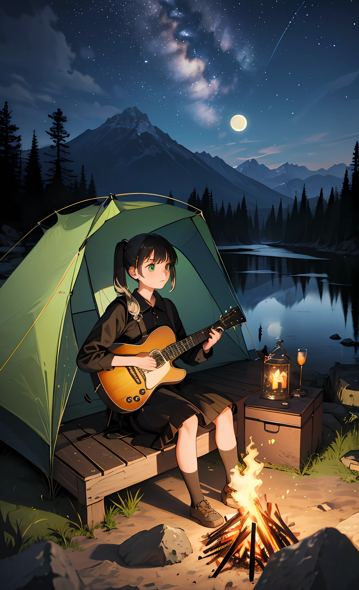 masterpiece, best quality, ultra-detailed, illustration, 1girl, solo, outdoors, camping, night, mountains, nature, stars, moon, (bonfire:1.2), tent, twin ponytails, green eyes, (playing guitar:1.2), cheerful, happy, backpack, sleeping bag, flashlight, forest, rocks, river, wood, smoke, shadows, contrast, peaceful, serene, quiet, tranquil, remote, secluded, adventurous,