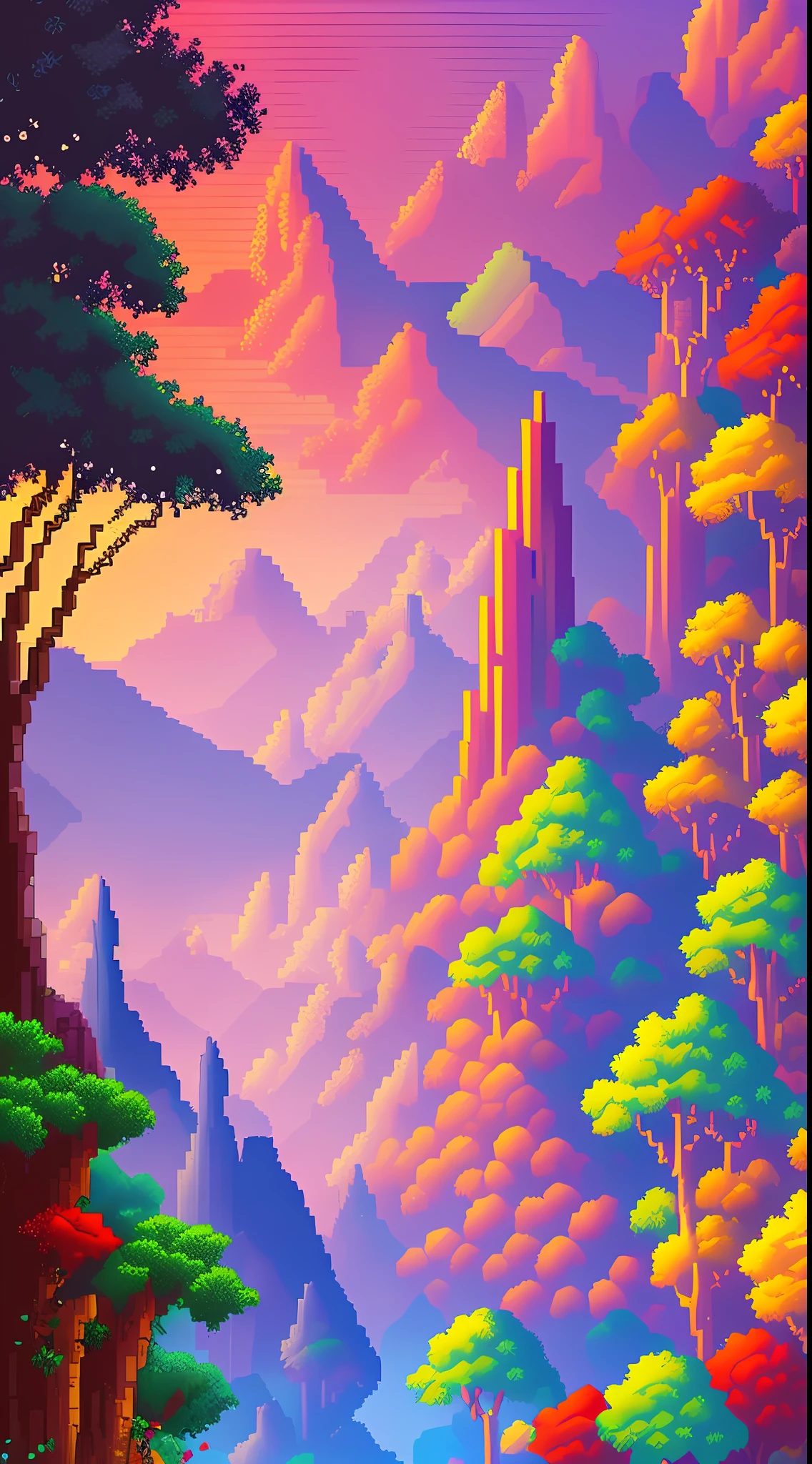 (Paisagem Pixel): masterpiece, best quality, ultra-detailed, high resolution, dynamic composition, beautiful pixel art scenery, contrasting colors, soft lighting, vibrant environment.